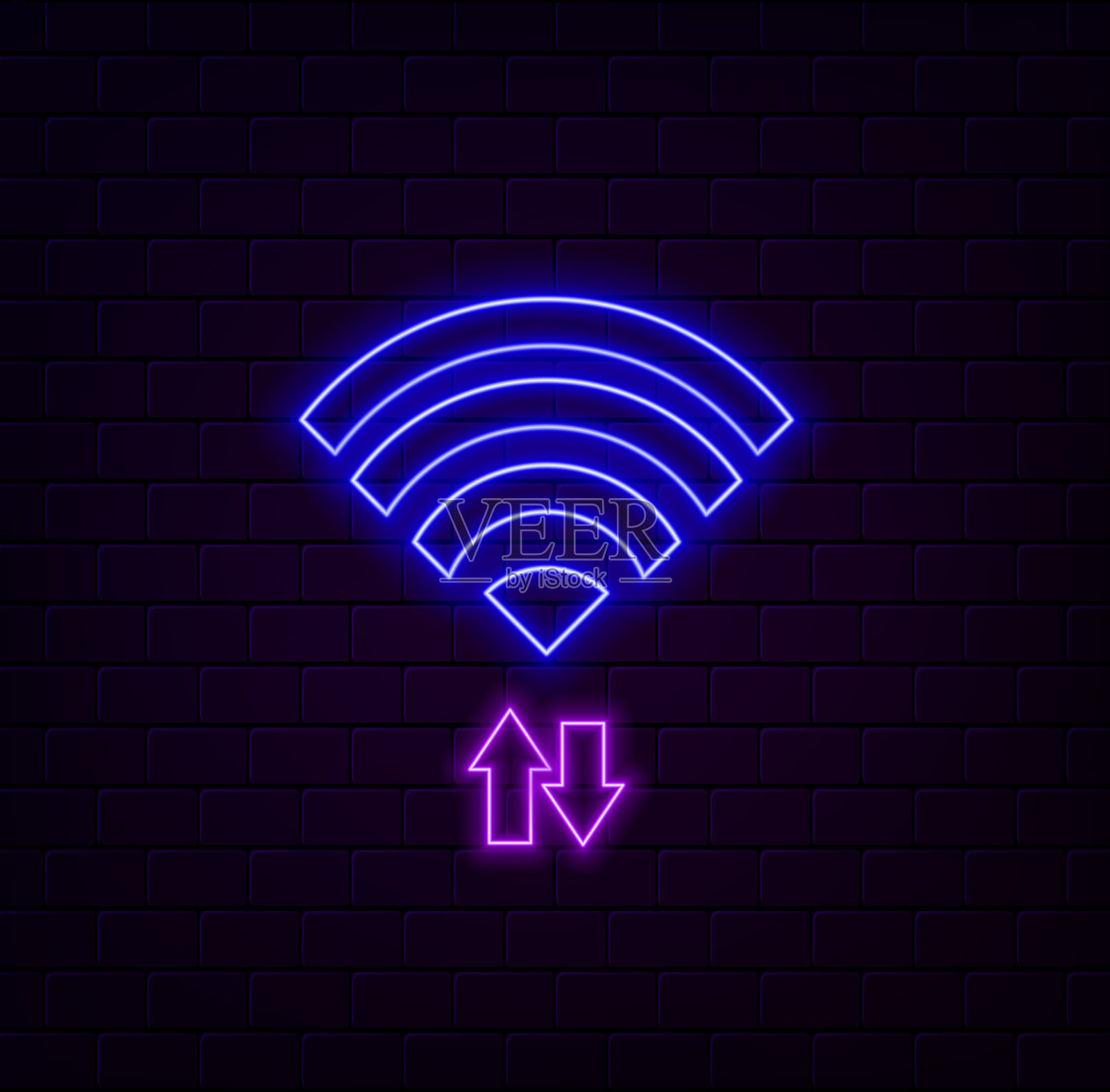 带有发光未来感蓝色霓虹灯的无线网络符号,背景为黑色插画图片素材