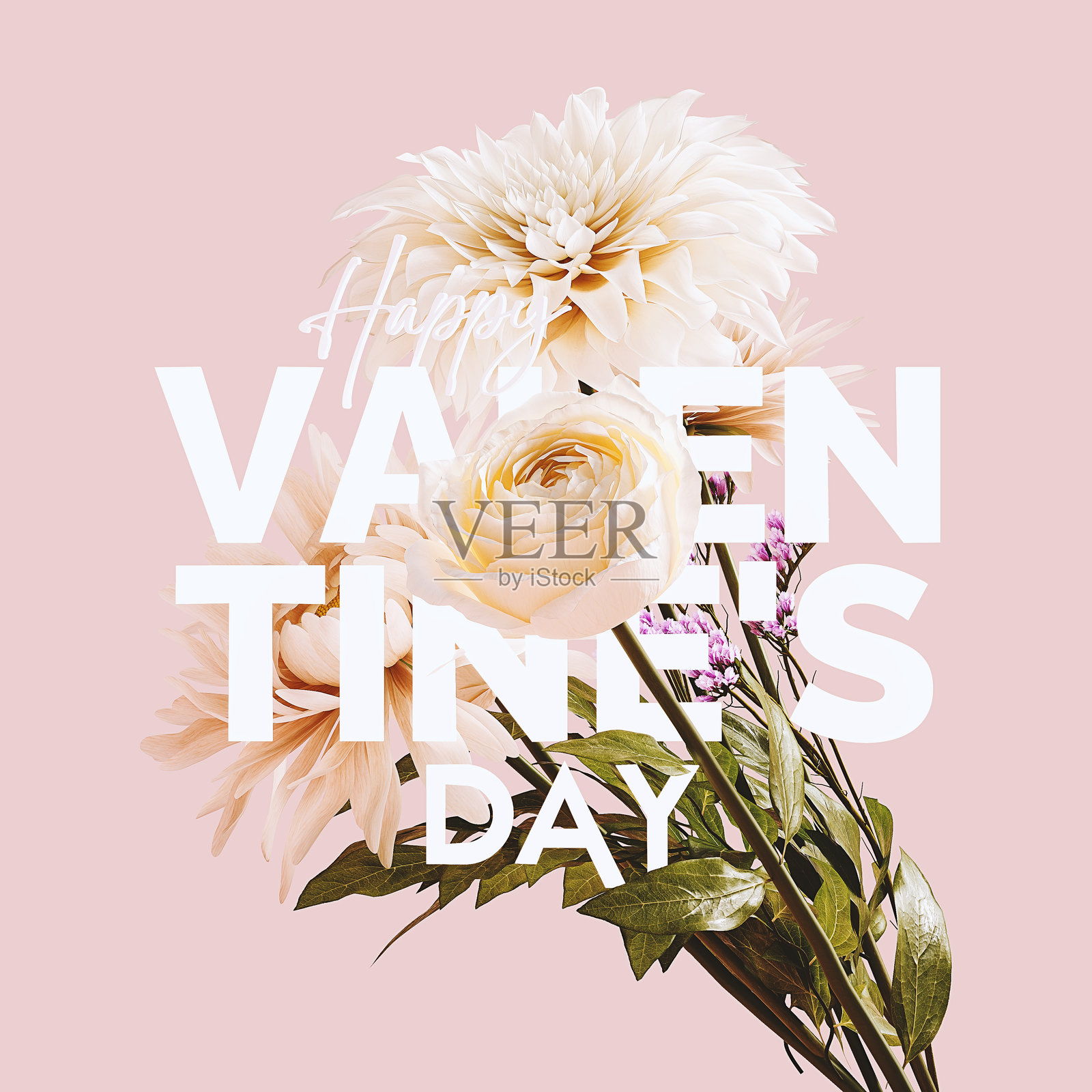 粉色背景上美丽花束之间的情人节文字。情人节贺卡概念设计。照片摄影图片