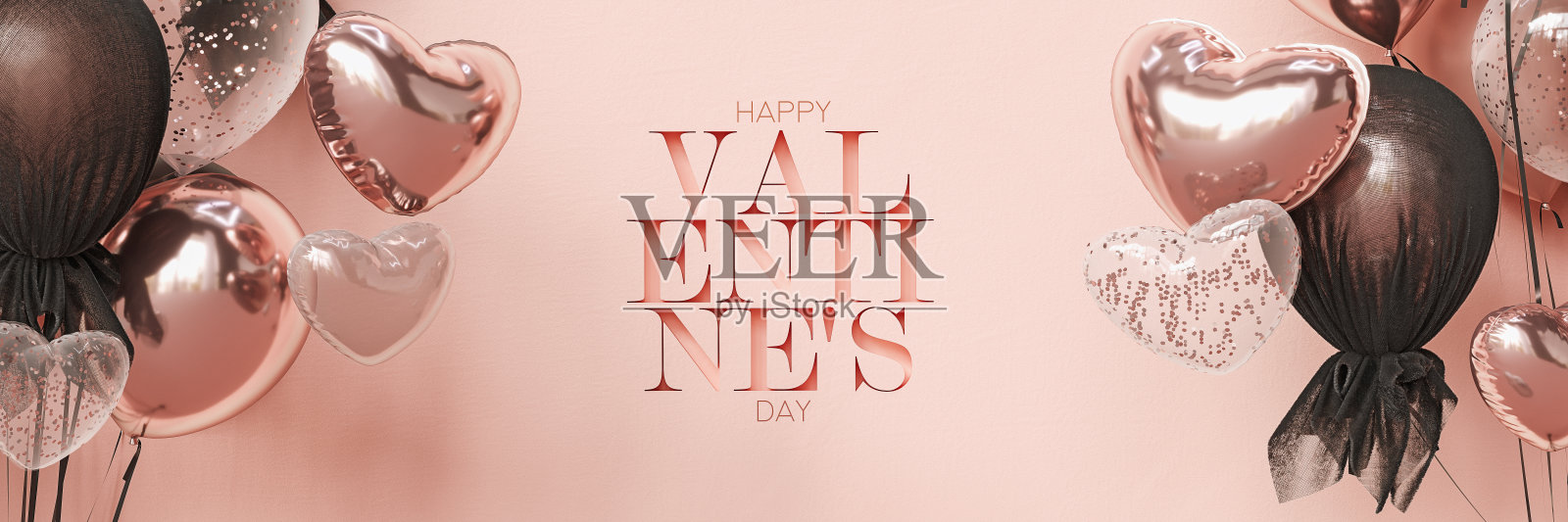 情人节贺卡设计,粉色背景上有美丽的气球和文字。照片摄影图片