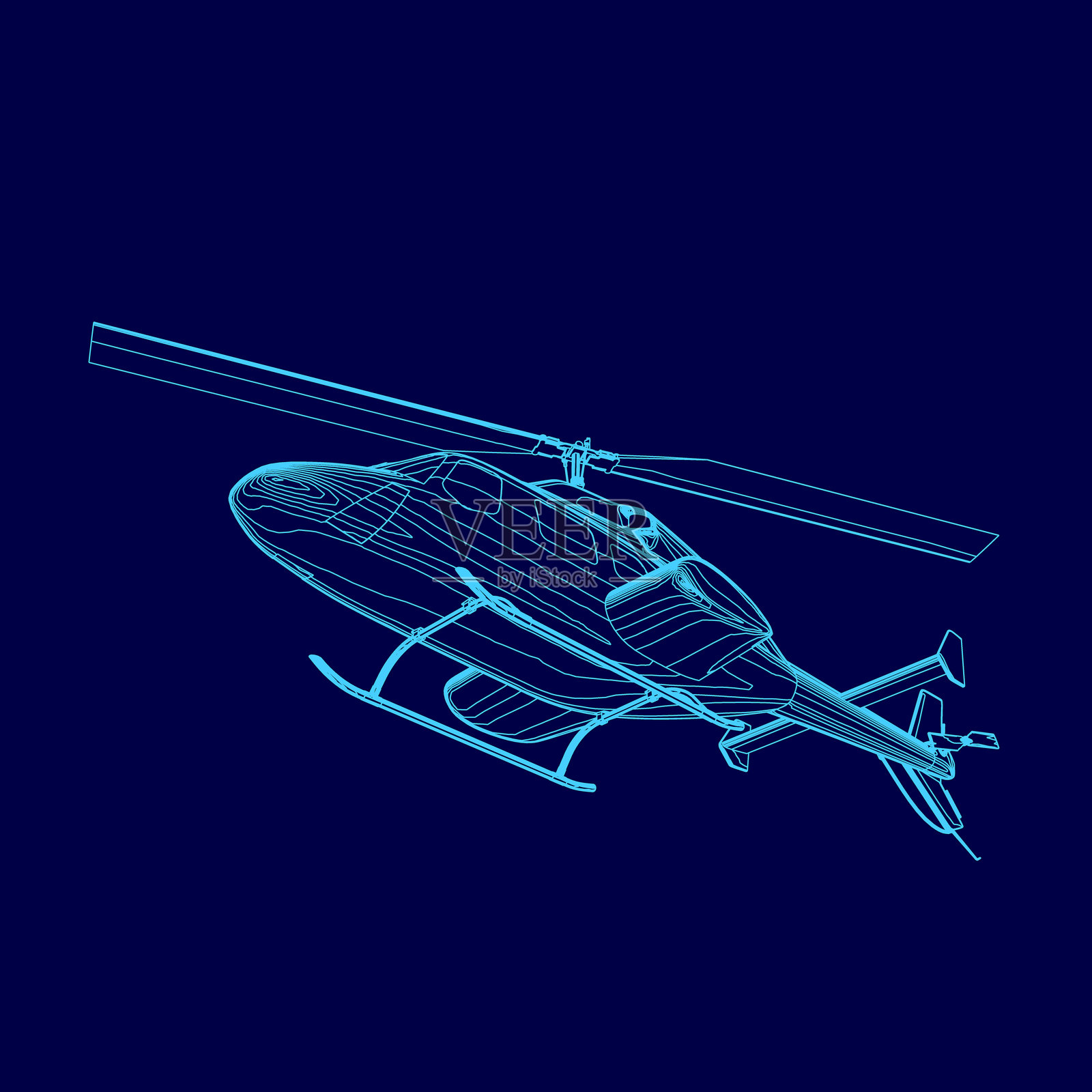 蓝色直升机在天空中飞行。这幅图像是直升机的风格化绘画。插画图片素材