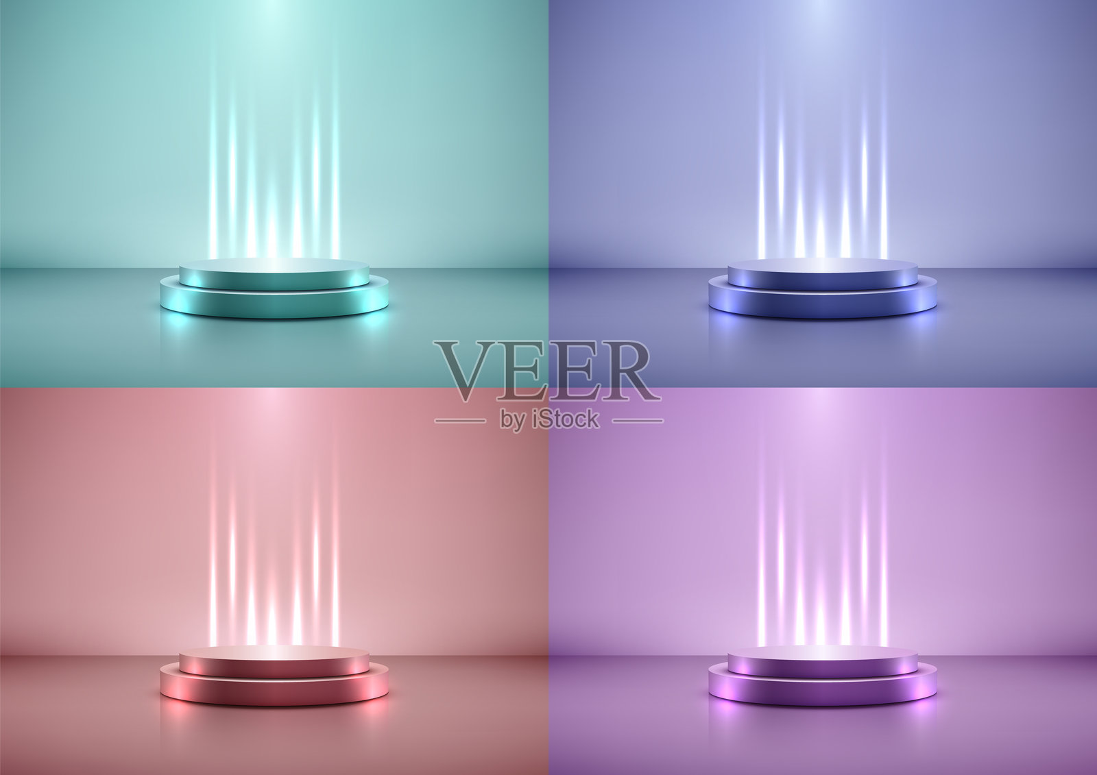 未来感的3D金属色调领奖台,配有明亮的聚光灯,完美适用于科技概念、产品展示、模型展示、展厅展示和现代设计。插画图片素材