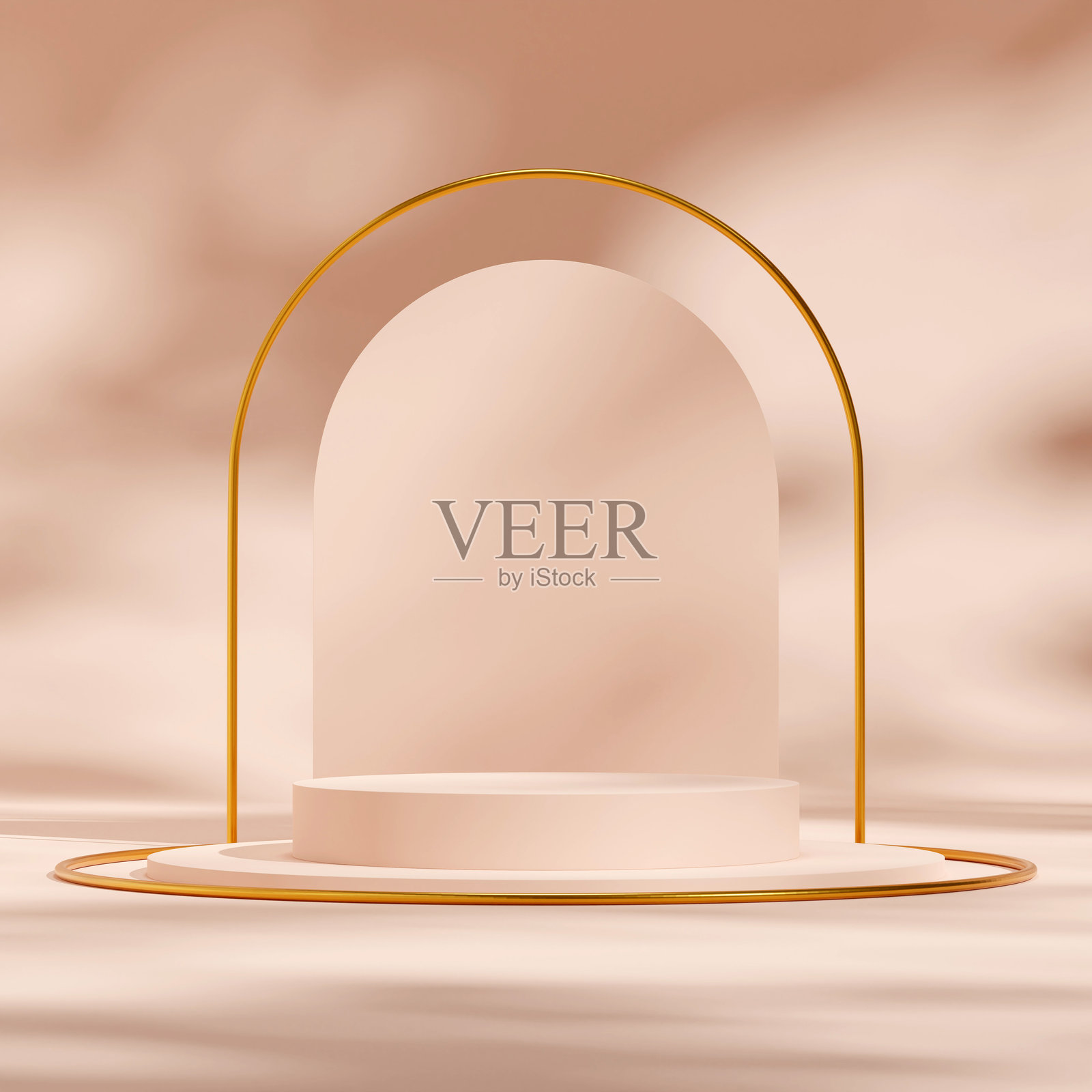 方形布局的金色戒指和拱形背景,3D渲染模型,粉色圆柱展示台照片摄影图片