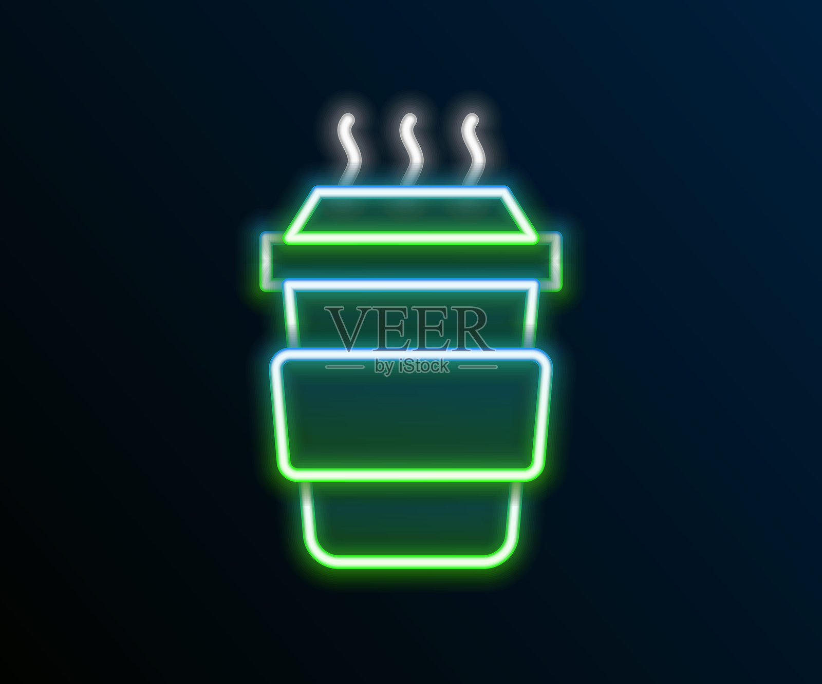 发光的霓虹线外带咖啡杯图标,背景为黑色。彩色轮廓概念。矢量图。插画图片素材