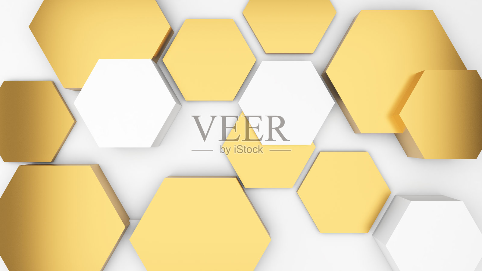 抽象几何背景,白色和金色的六边形浮雕,既有高的也有低的,用于为视觉效果或背景图像添加不同的信息,3D渲染。照片摄影图片