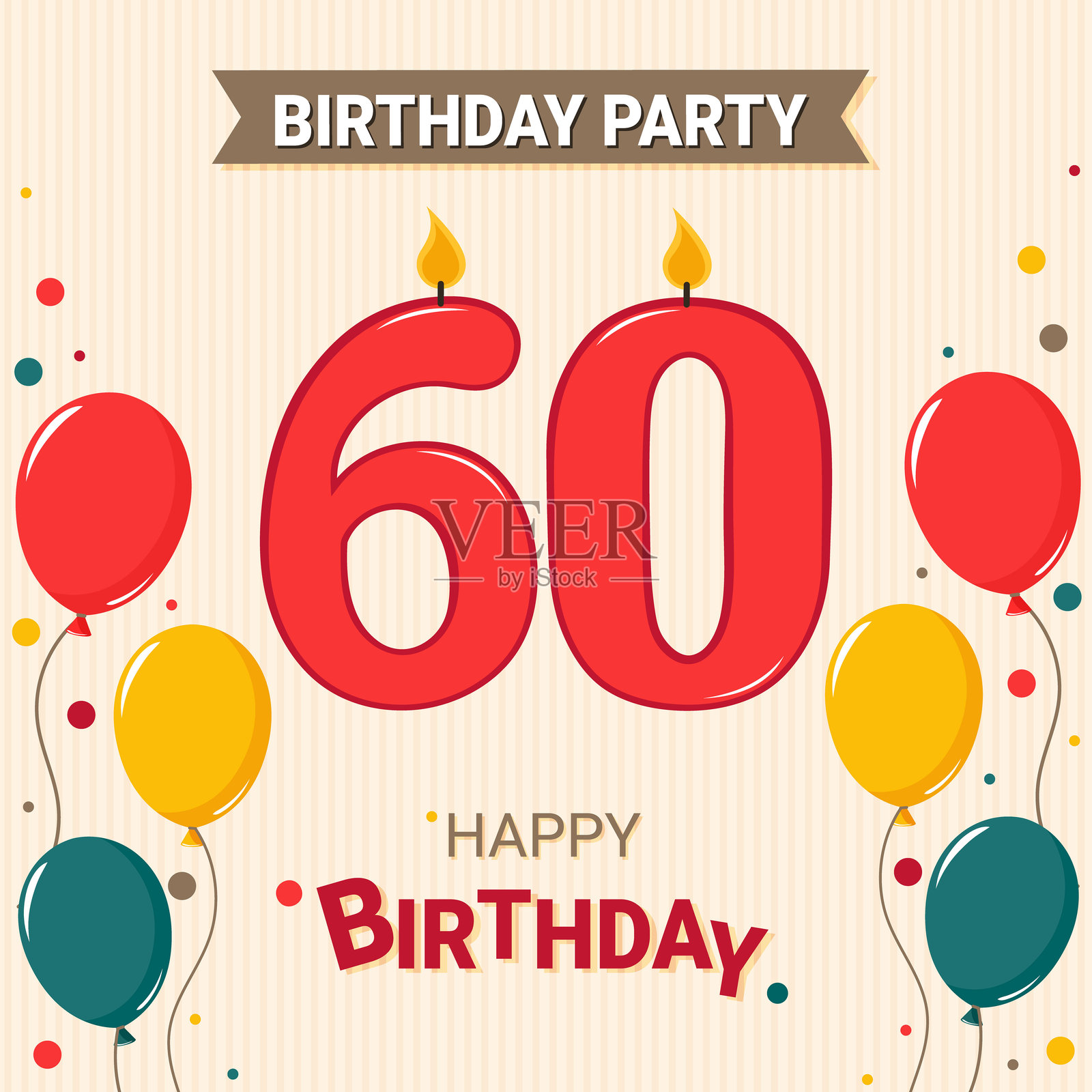 60周年纪念。明信片生日邀请。数字60的蜡烛和气球。节日派对。插画图片素材