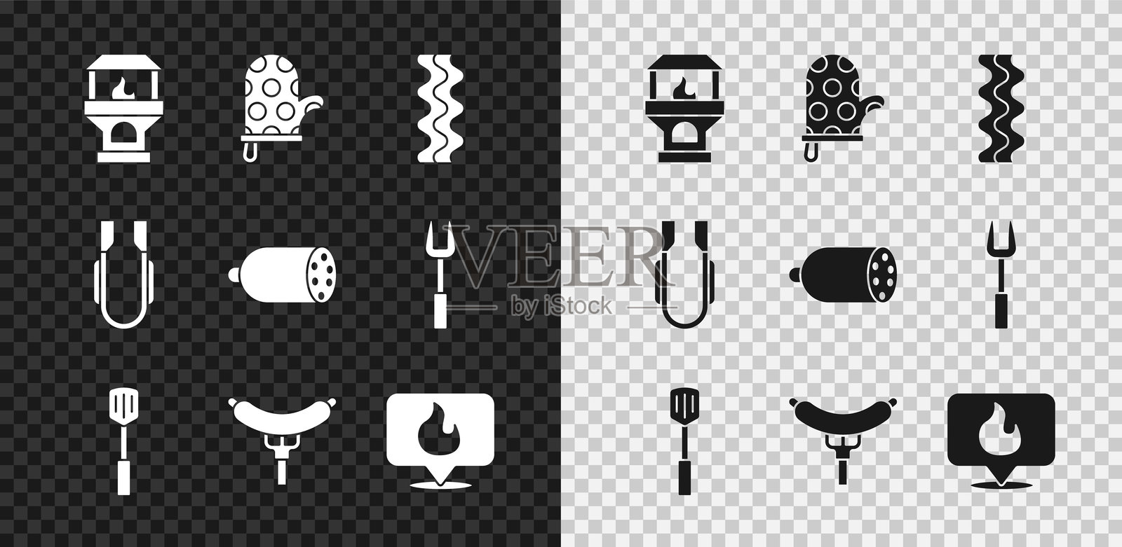 砖炉、烤箱手套、培根条、烧烤铲、香肠叉、带火焰的地点、肉夹和意大利腊肠图标。矢量图。插画图片素材
