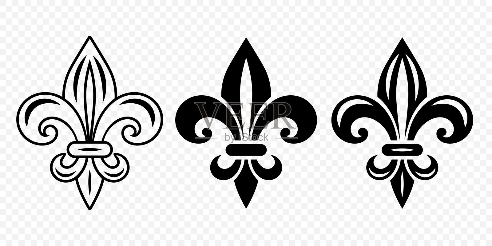 矢量复古黑白百合花图标集,独立设计。纹章百合,复古设计元素。矢量插图插画图片素材