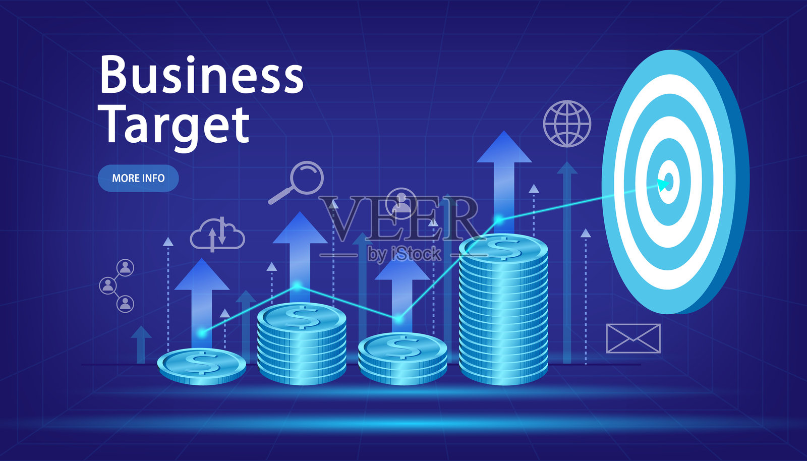 商业目标。未来科技风格的股市增长。发光的柱状图和向上的箭头目标。成功财务发展的图形。人们在分析财务图表。矢量图。插画图片素材