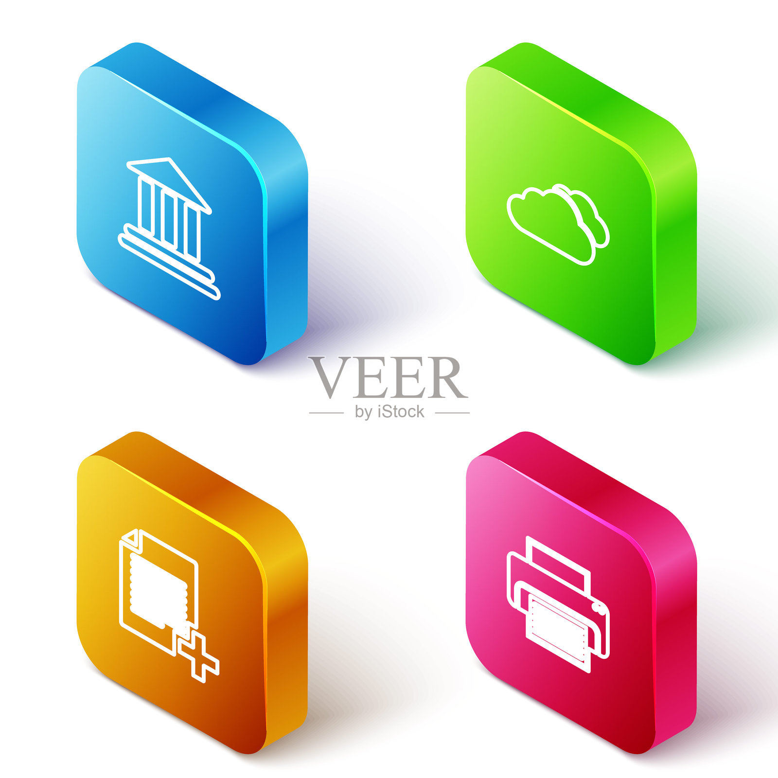 等距线银行建筑、云、添加新文件和打印机图标。矢量图插画图片素材