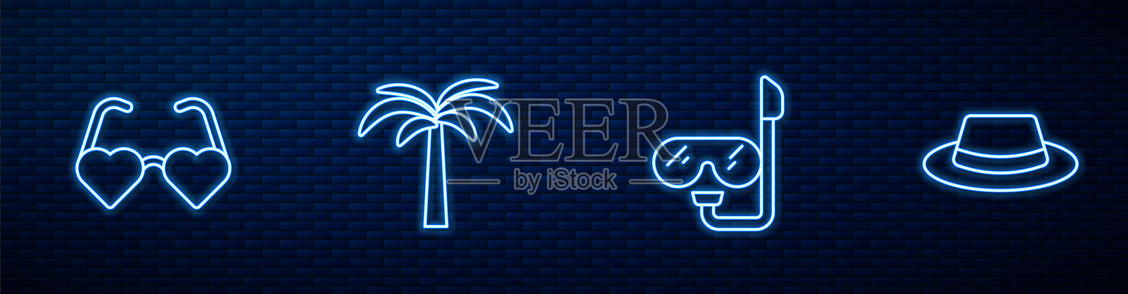 潜水面罩和呼吸管、心形爱心眼镜、热带棕榈树和带丝带的男人帽子。砖墙上的发光霓虹图标。矢量图。插画图片素材