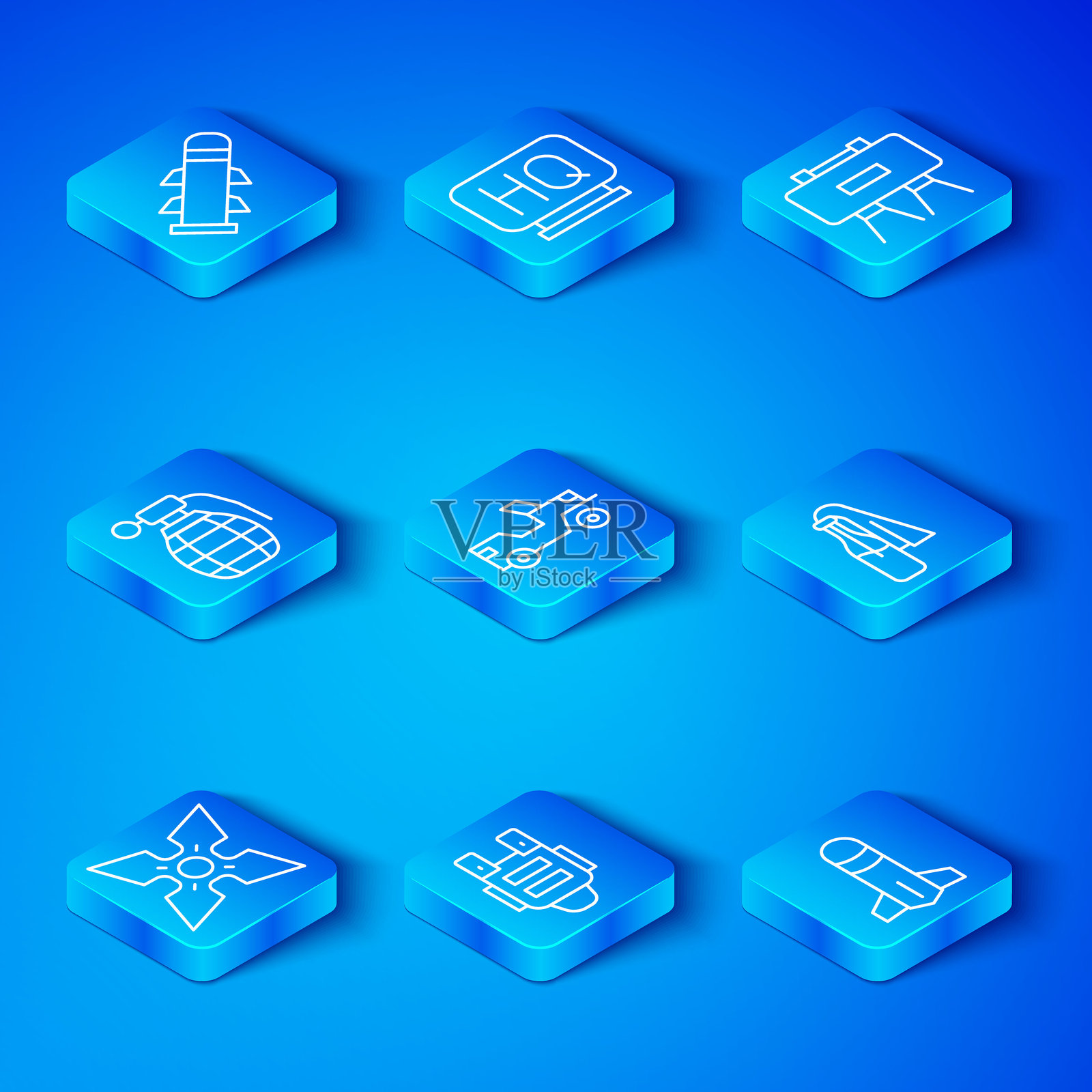 日本忍者手里剑、军用车、防弹背心、莫洛托夫鸡尾酒、地雷、手榴弹、火箭和图标。矢量图插画图片素材