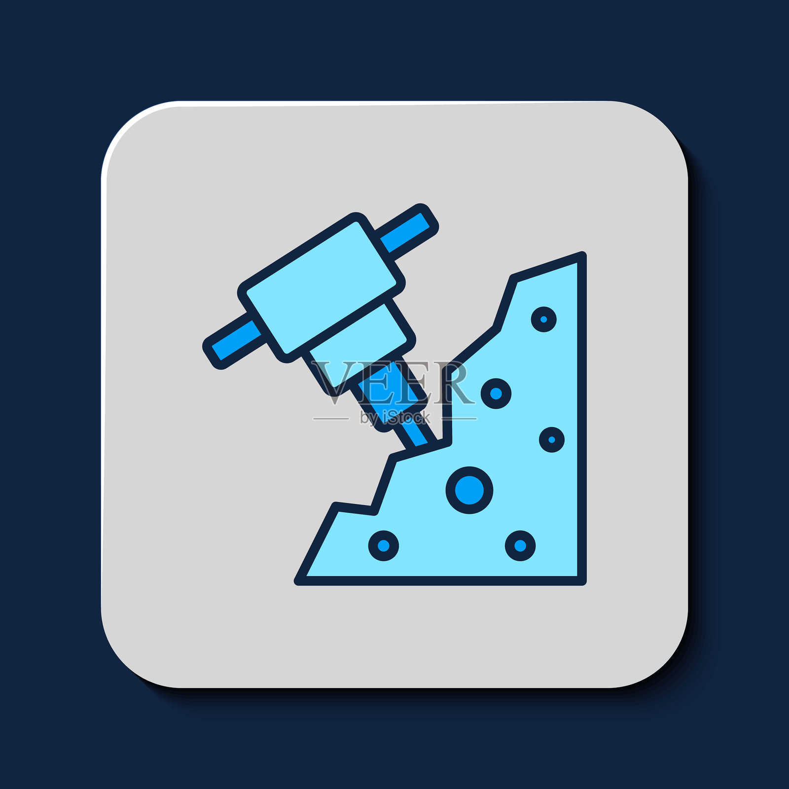 填充轮廓的建筑电锤和石头图标,背景为蓝色。矢量图。插画图片素材