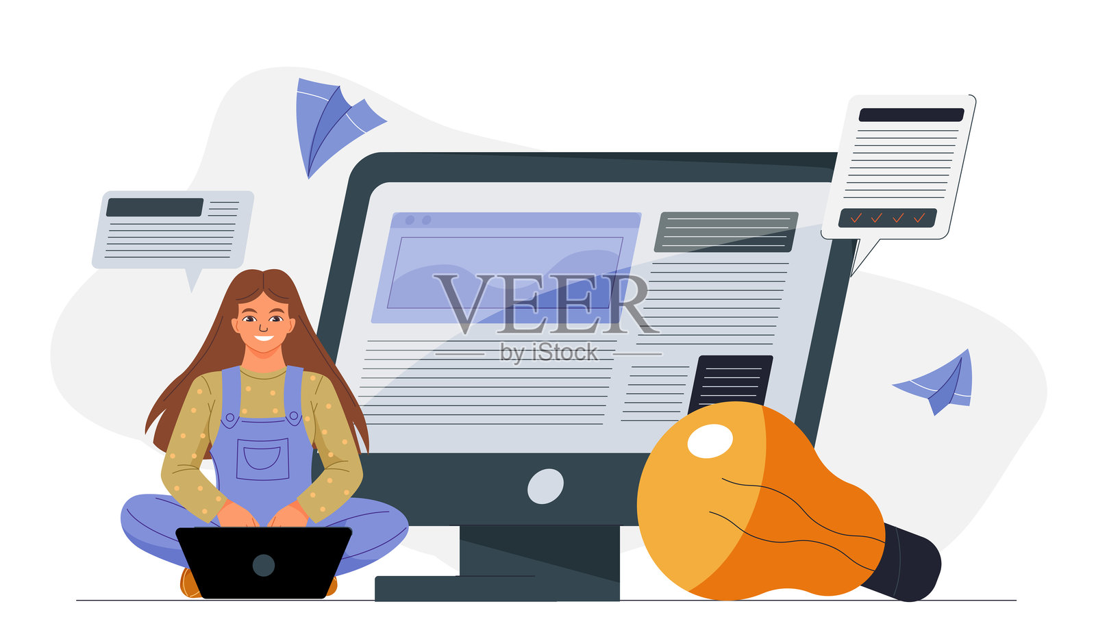 女性写博客。年轻女孩用笔记本电脑为网站撰写文章。文案撰写人填充网站页面内容。社交媒体营销专家或记者、博主或自由职业者。扁平矢量插图。插画图片素材