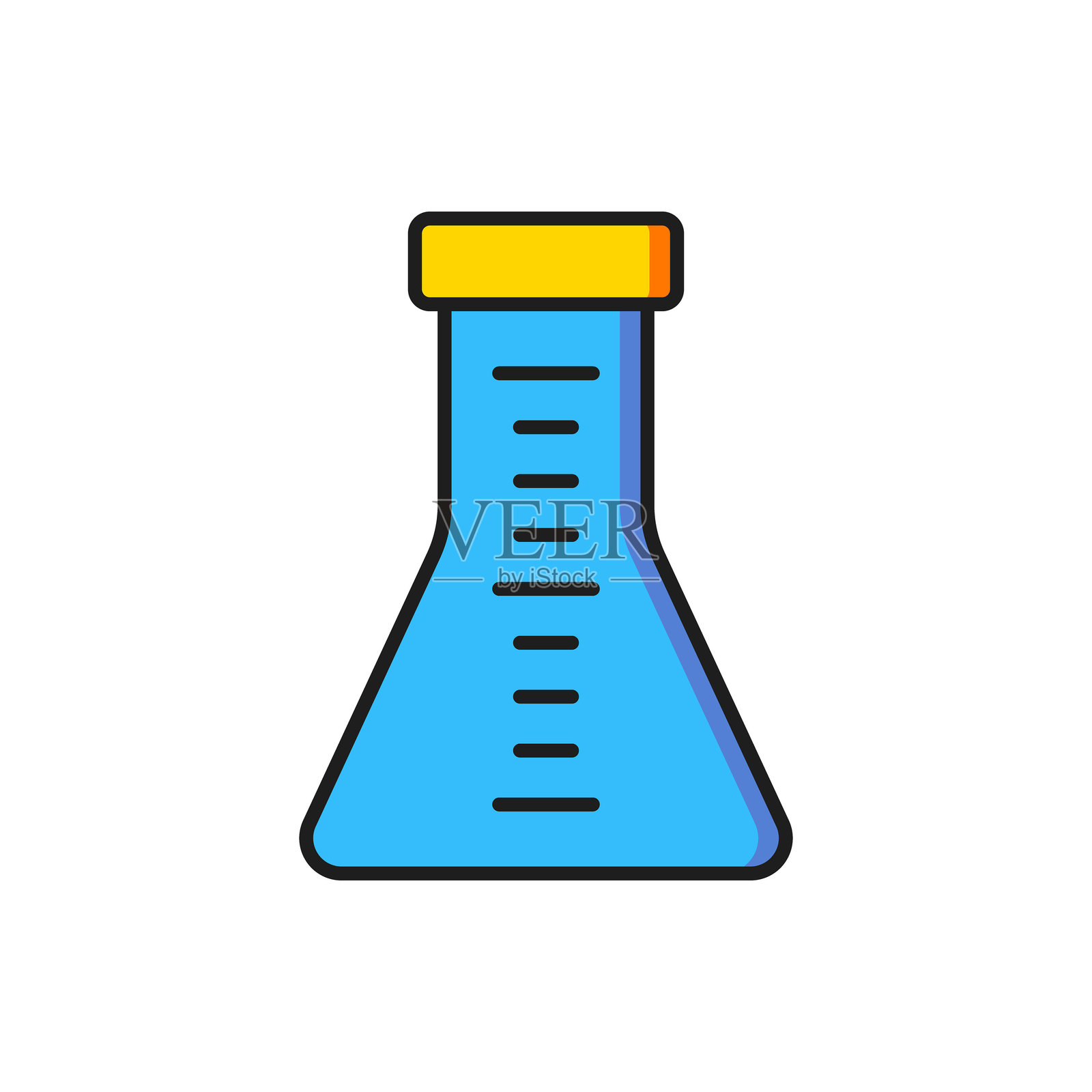 化学实验室测试图标,颜色试管和烧瓶,孤立在白色背景上。实验室玻璃器皿标志。扁平填充轮廓风格,带阴影。矢量图。插画图片素材