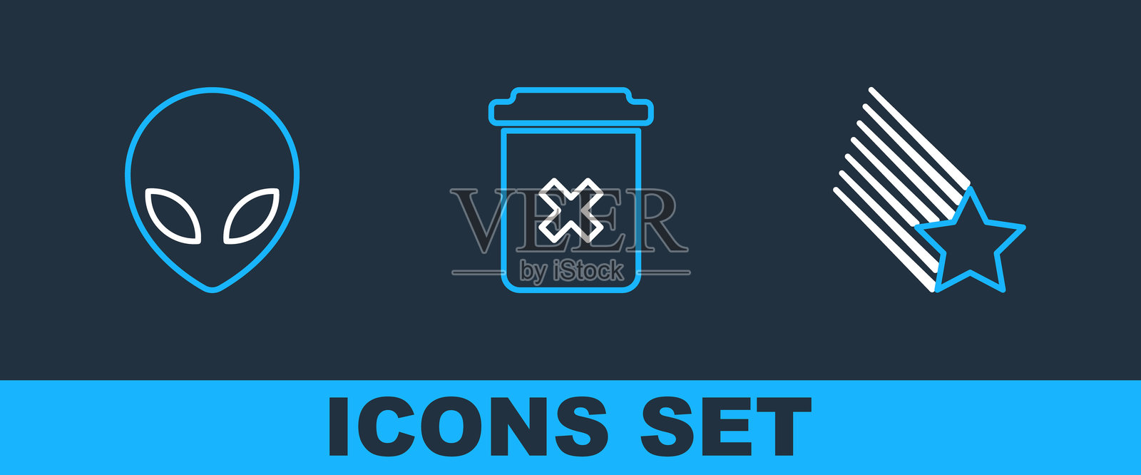 流星、外星人和垃圾桶图标。矢量图。插画图片素材