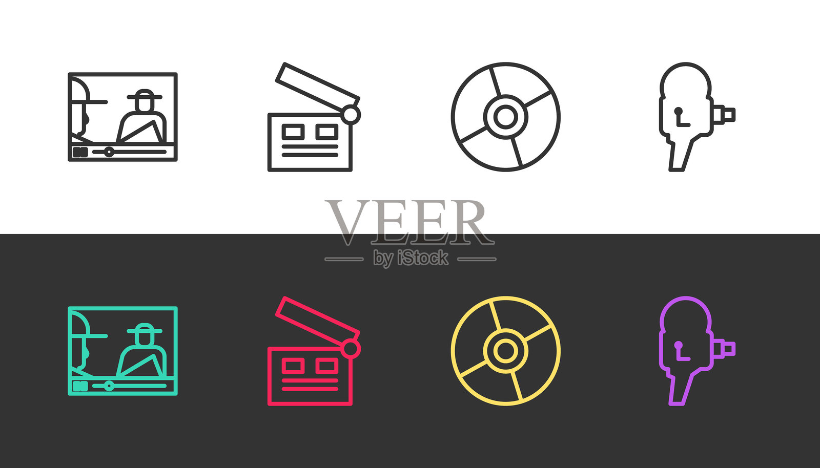 在线播放视频、电影拍板、CD或DVD光盘和复古电影摄影机的黑白矢量图。插画图片素材