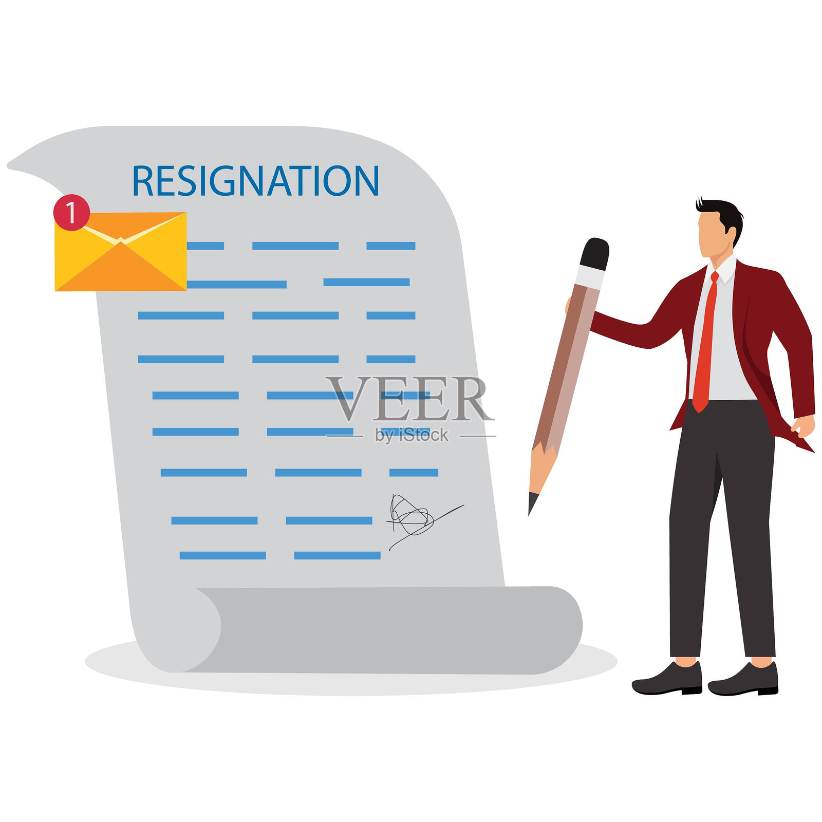 专业人士写辞职信以辞去工作或通知离开公司,换新工作,或通知老板经理解雇的概念,商人用笔写辞职邮件。插画图片素材