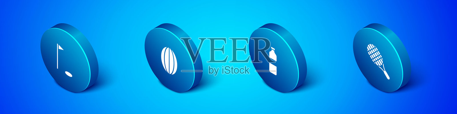 等距高尔夫球旗、瓶装水、网球拍和橄榄球图标。矢量图。插画图片素材