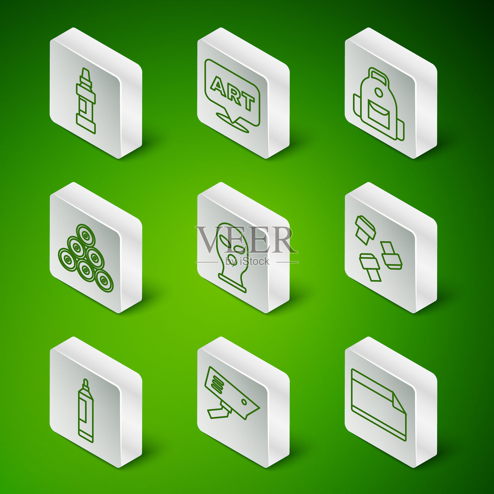 线条纸粘贴贴纸,监控摄像头,马克笔,面罩,喷漆罐,带文字艺术的对话气泡,以及附件图标。矢量图插画图片素材