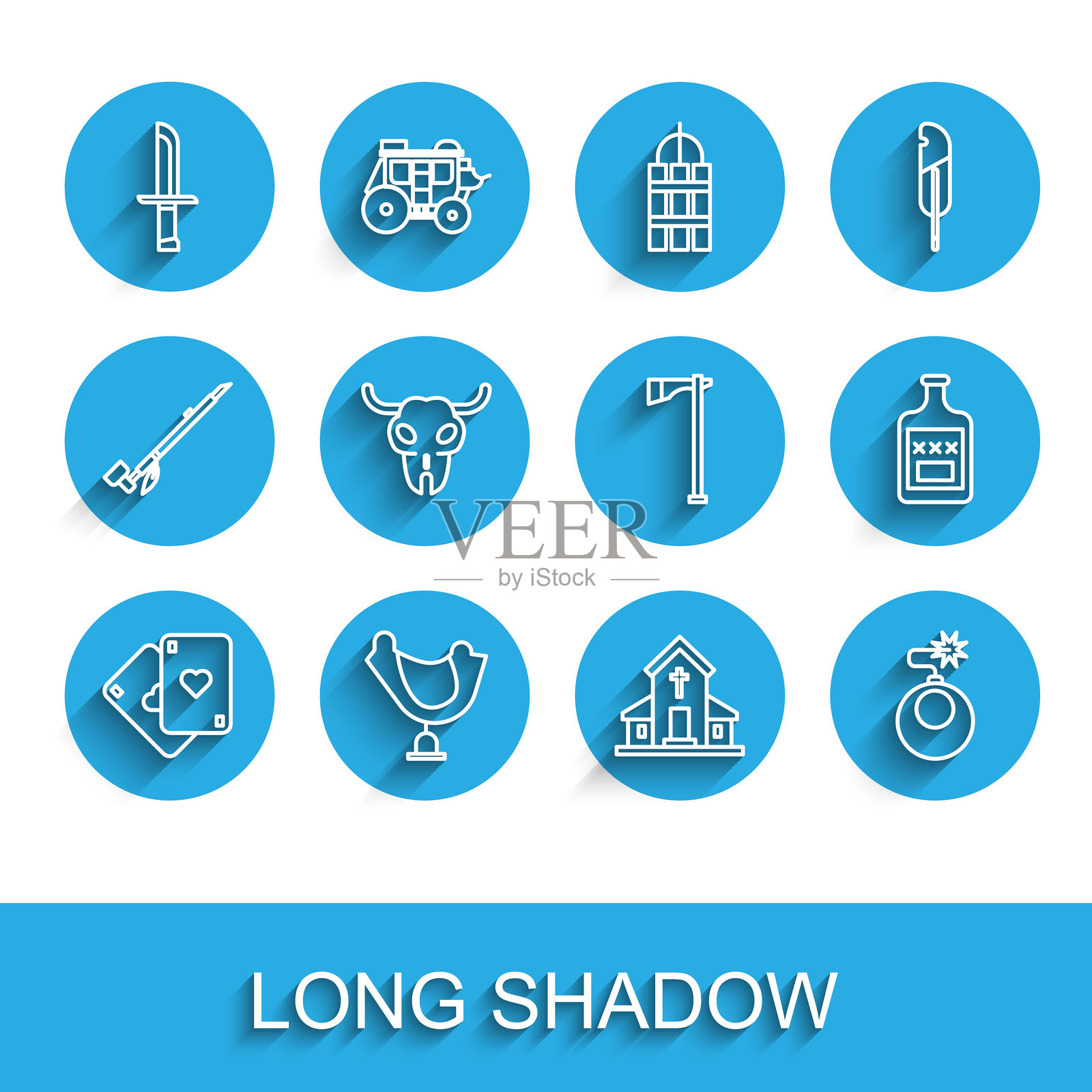 线条图标:扑克牌、西部牛仔鞍、军刀、教堂建筑、即将爆炸的炸弹、野牛头骨、威士忌瓶和战斧。矢量图。插画图片素材