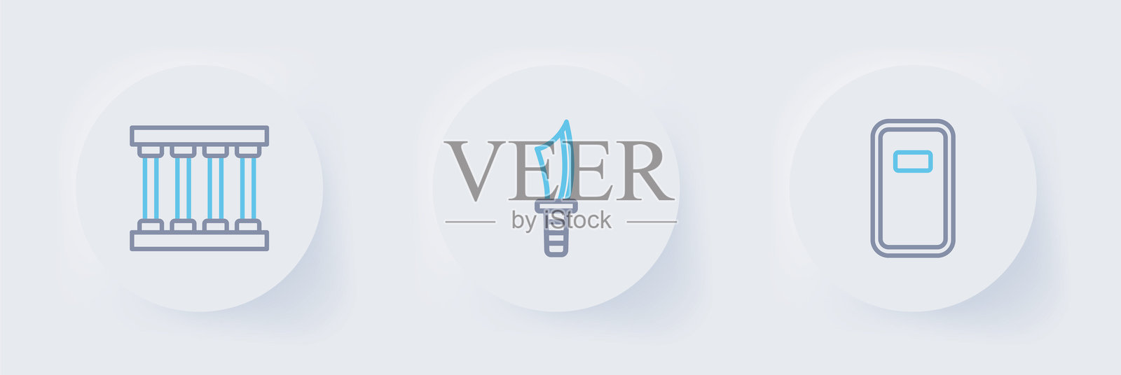 警察防暴盾牌、军用刀和监狱窗户图标。矢量图。插画图片素材