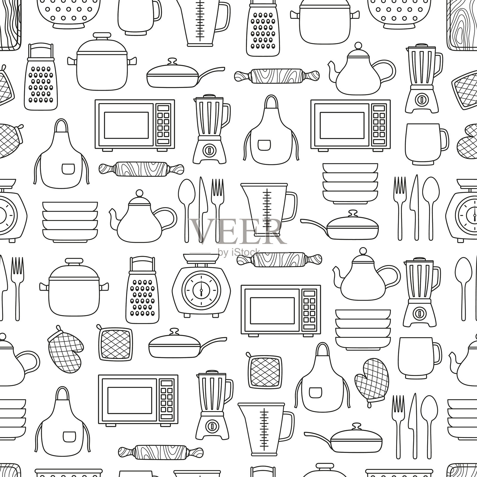 厨房工具轮廓无缝图案插画图片素材