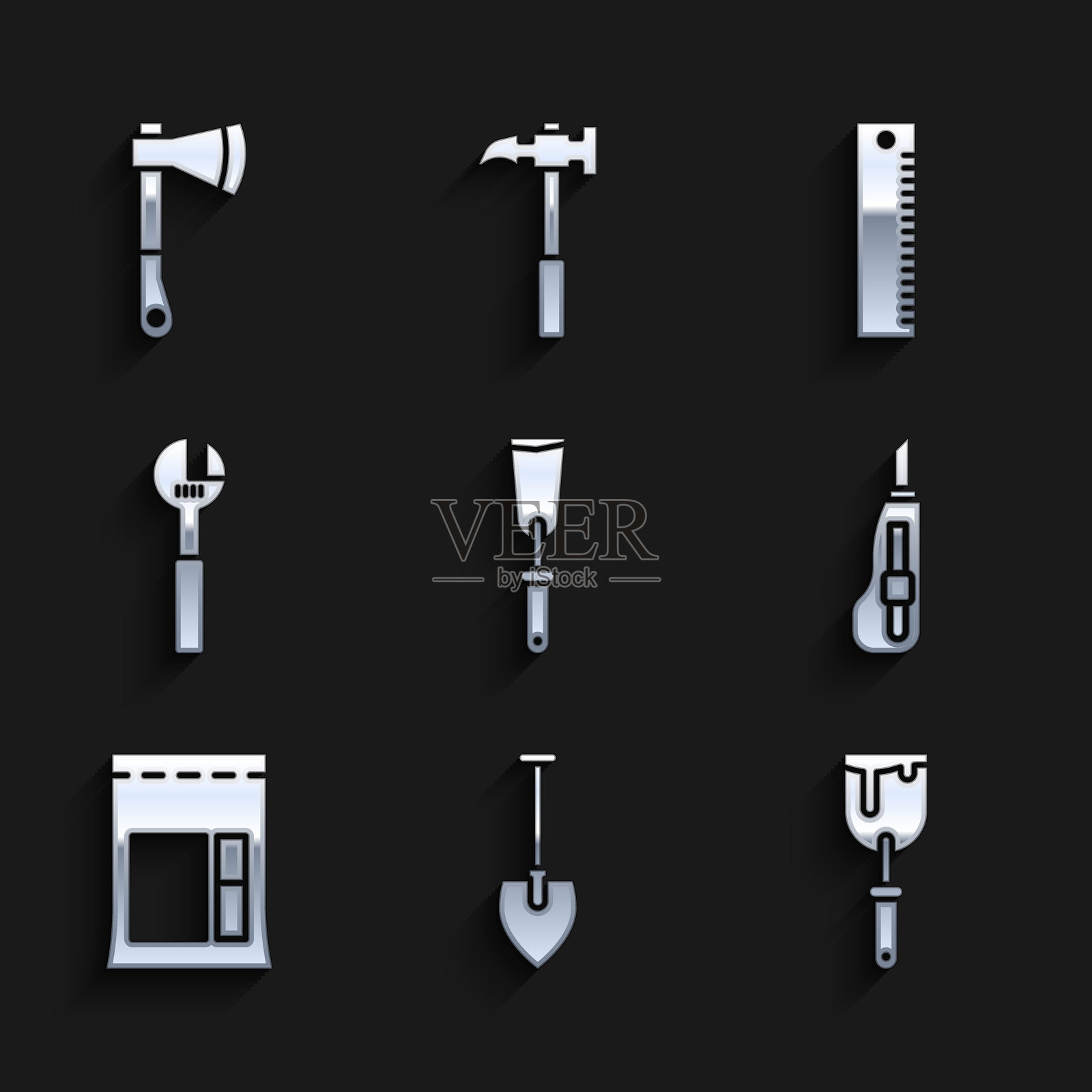 工具图标:刮刀、铲子、文具、水泥袋、可调扳手、尺子和木斧。矢量图。插画图片素材