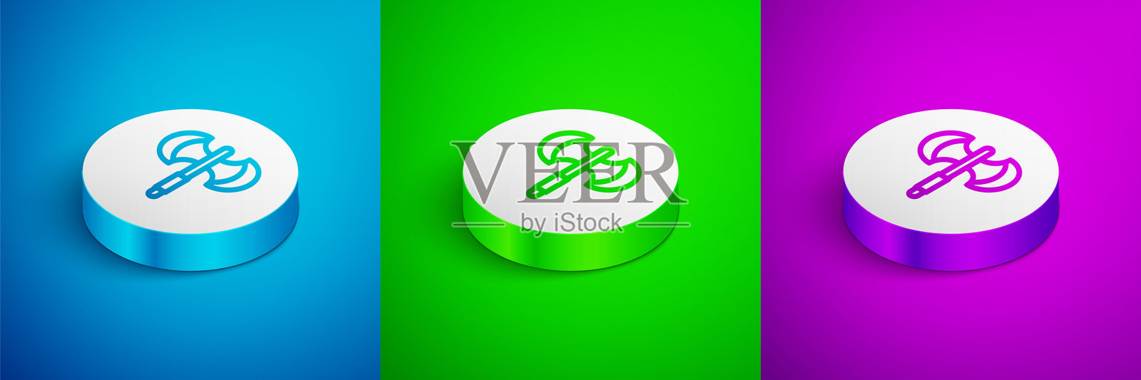 中世纪长柄斧的等距线图标,背景为蓝色、绿色和紫色。白色圆形按钮。矢量图。插画图片素材