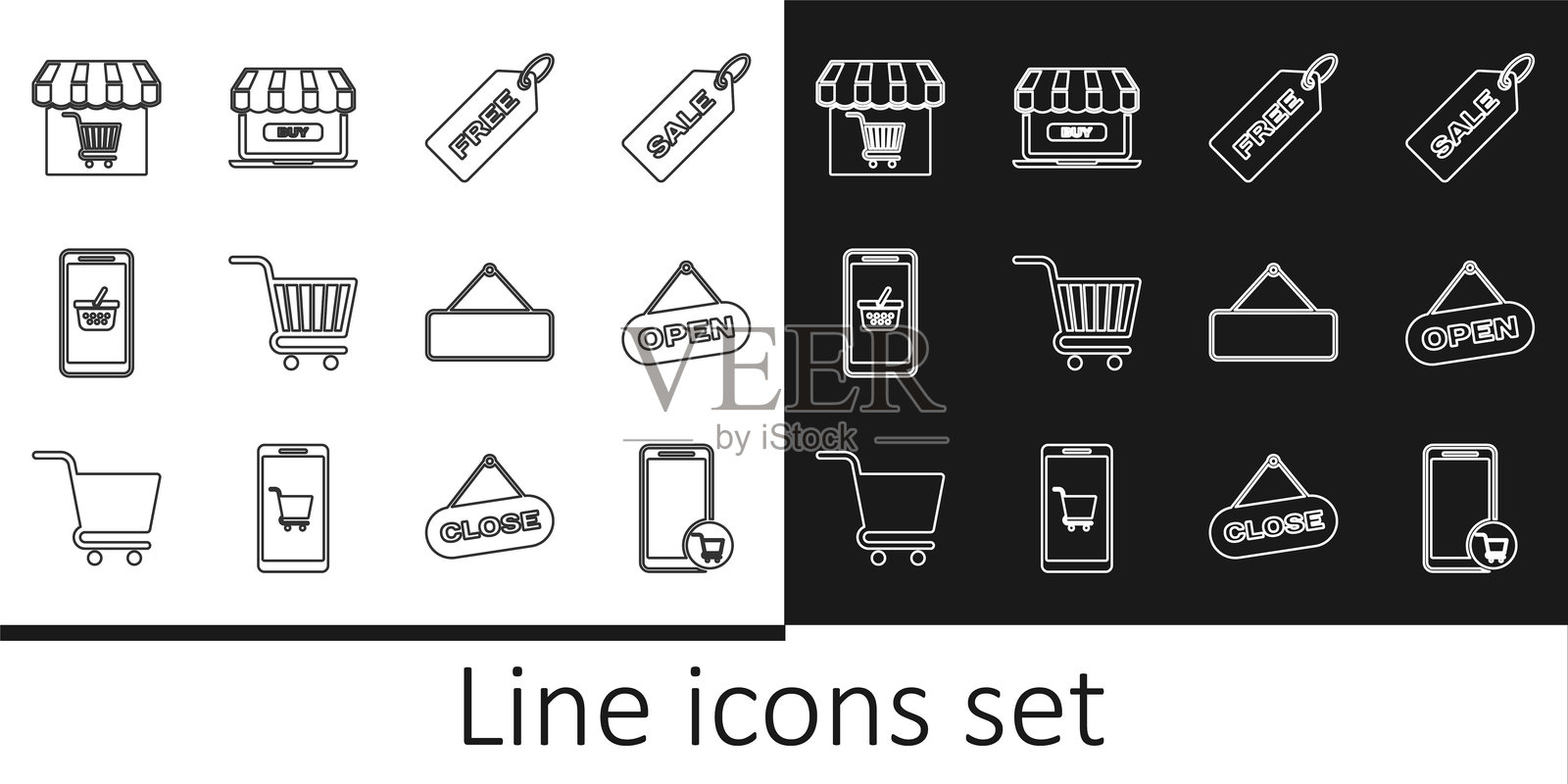 移动设备与购物车,悬挂的“开门”标志,免费价格标签,购物,购物篮,市场商店,悬挂的招牌和在线图标。矢量图。插画图片素材