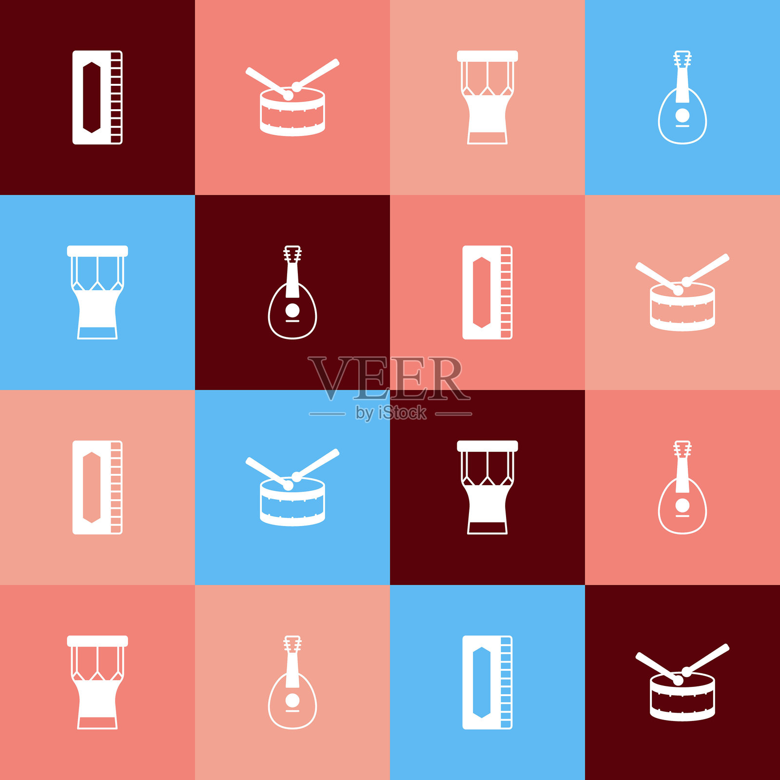 流行艺术风格的口琴、鼓和鼓棒、非洲打击乐器以及曼陀林图标。矢量图。插画图片素材