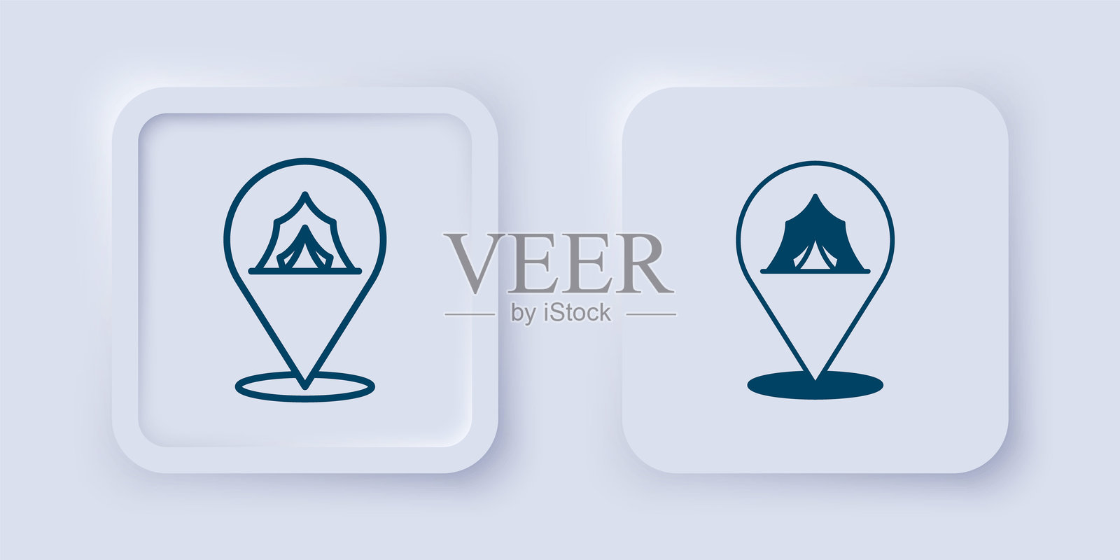 填充和轮廓的马戏团帐篷图标,背景为灰色。嘉年华露营帐篷。游乐园。方形按钮。矢量图。插画图片素材