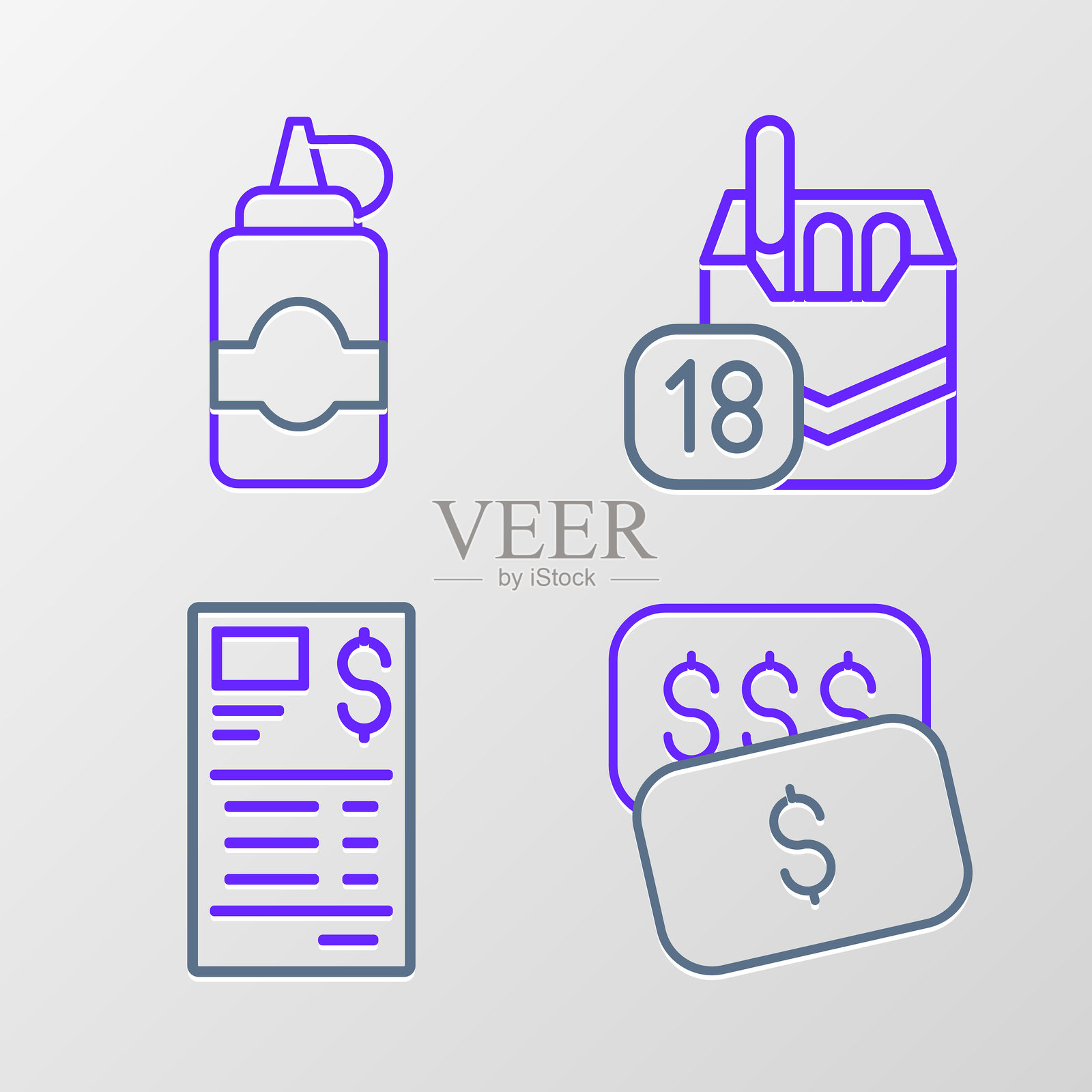 新价格标签美元,纸质或金融支票,香烟包装盒和酱料瓶图标。矢量图。插画图片素材