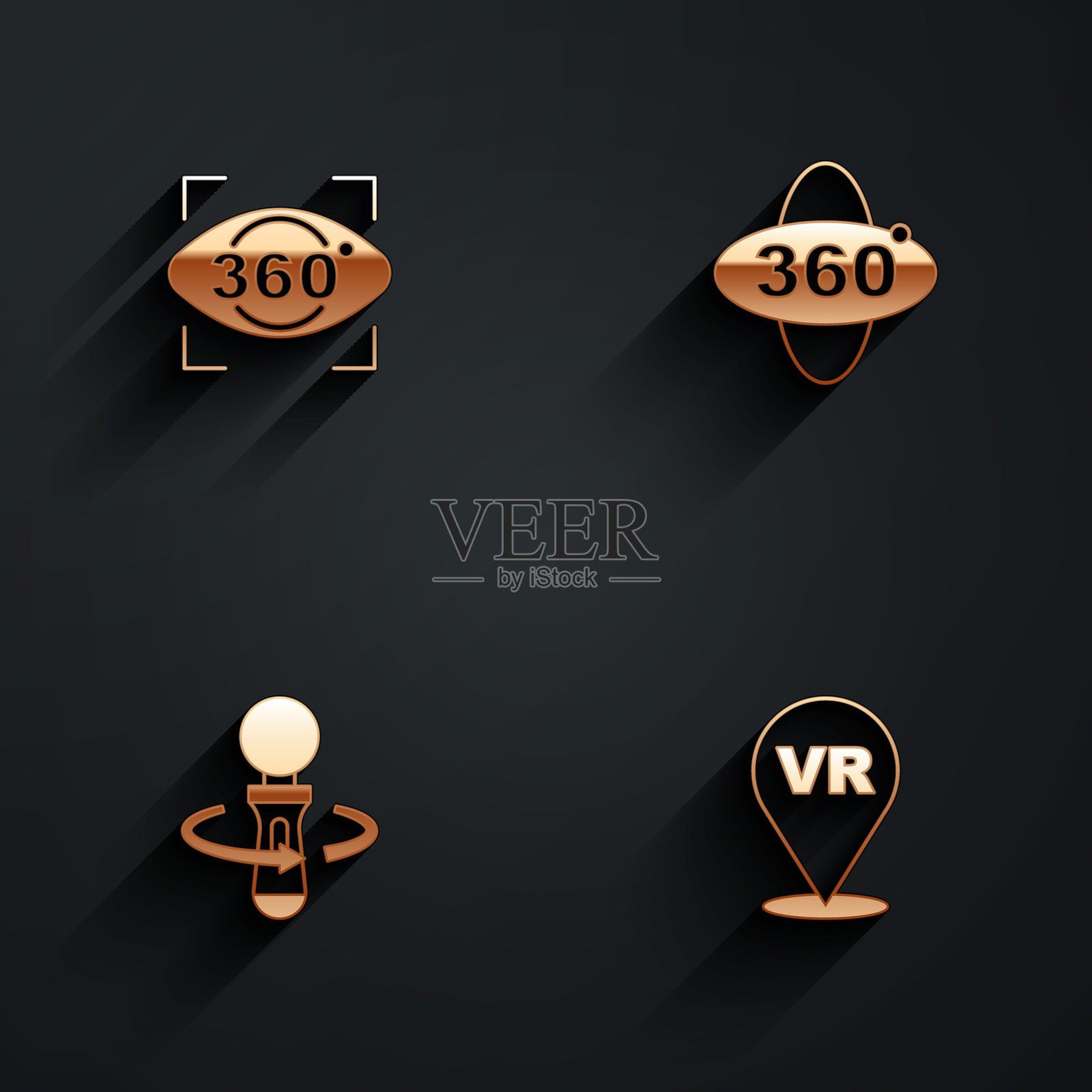 360度视图、VR控制器游戏和带长阴影的虚拟现实图标。矢量图。插画图片素材