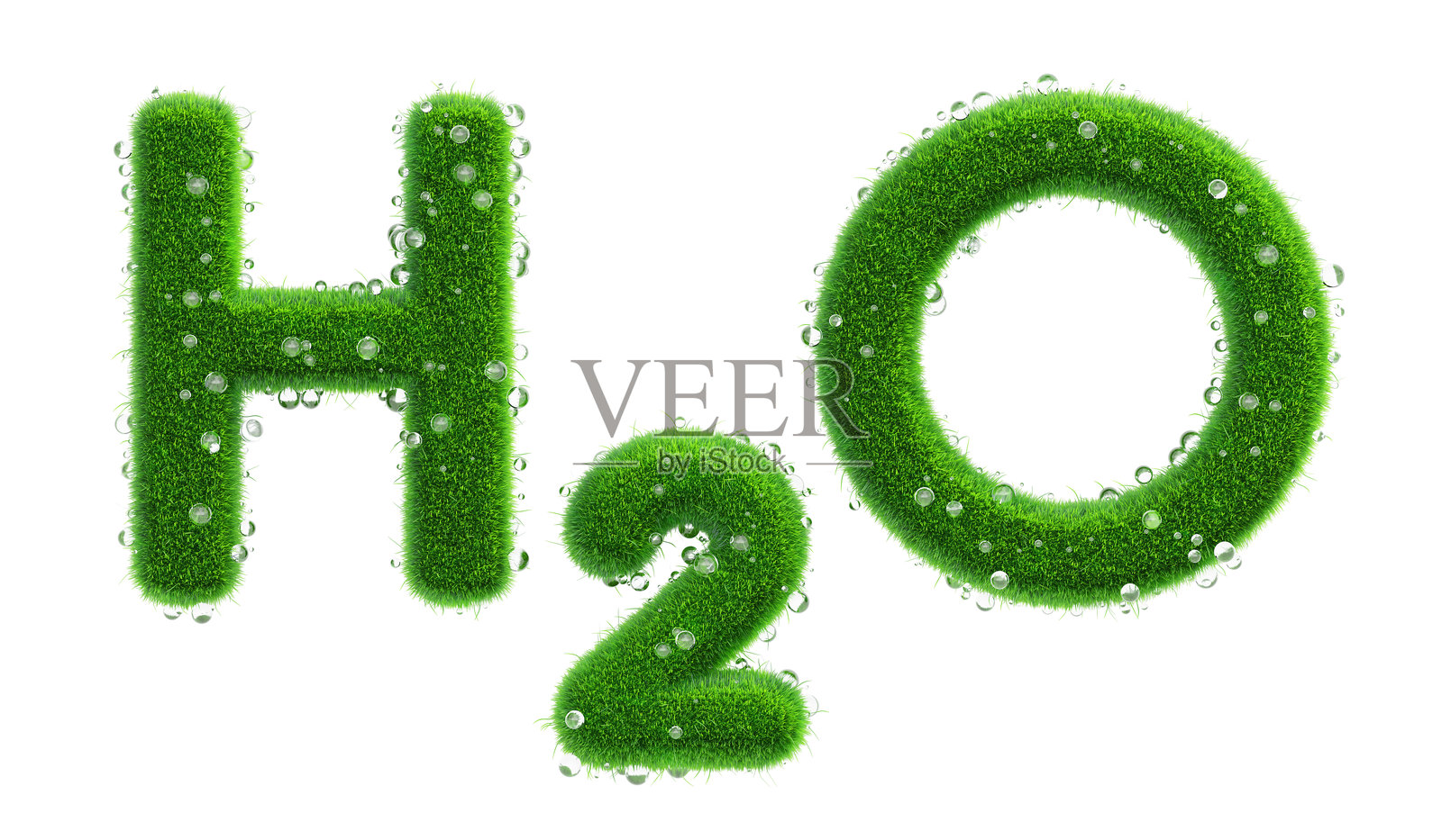 3D科学H2O水分子符号,绿草和草上的露珠。水资源保护,植物或自然能源。清洁、新鲜、纯净的水和生态。抠图。3D插图。照片摄影图片
