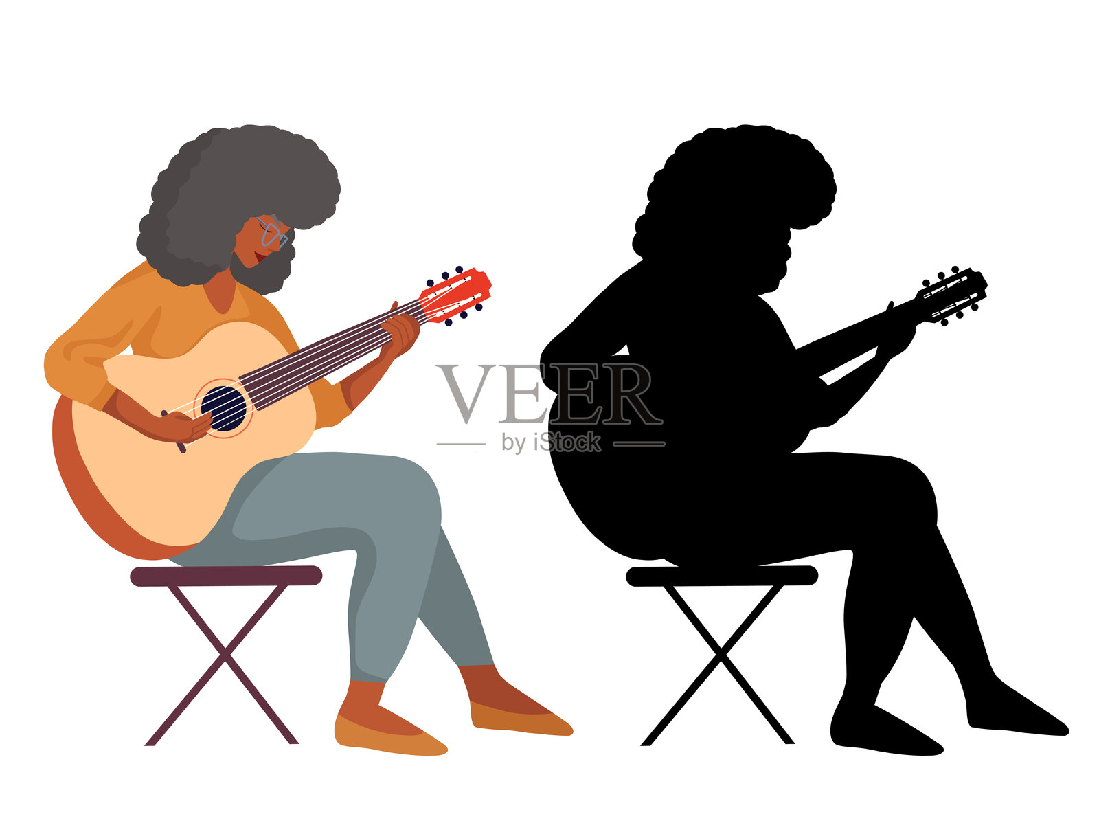 非洲老年女性弹吉他的平面插图和黑色剪影的矢量图集,背景独立。退休人员系列。插画图片素材