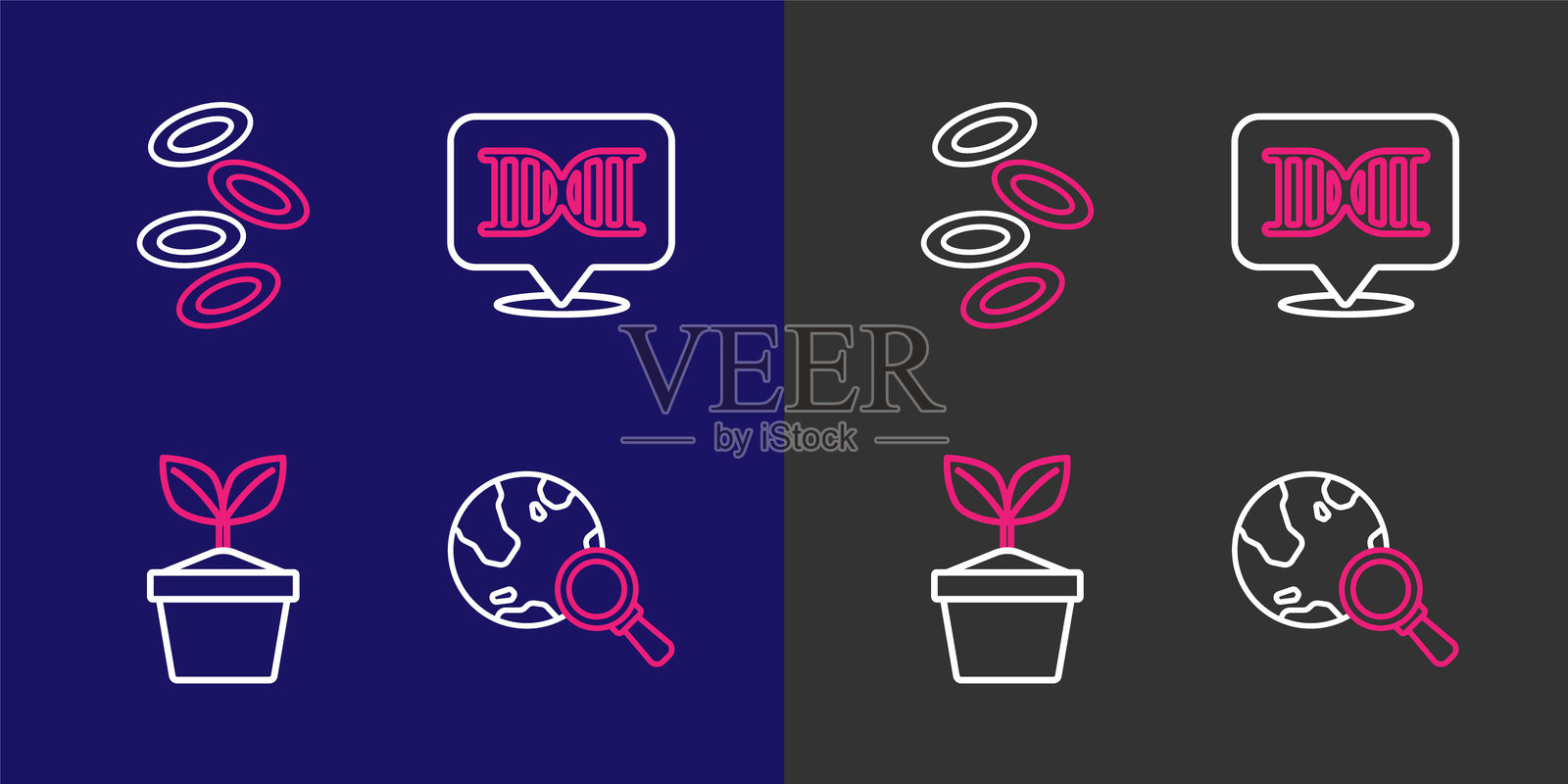 放大镜与地球、植物盆栽、DNA符号和血红蛋白图标的组合。矢量图。插画图片素材