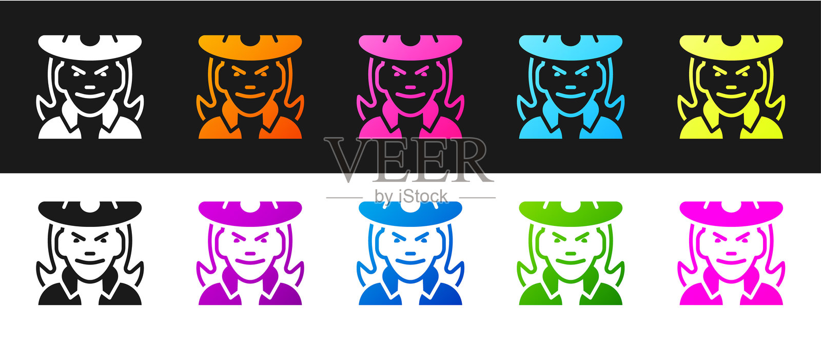 女巫图标,黑白背景。快乐的万圣节派对。矢量图。插画图片素材