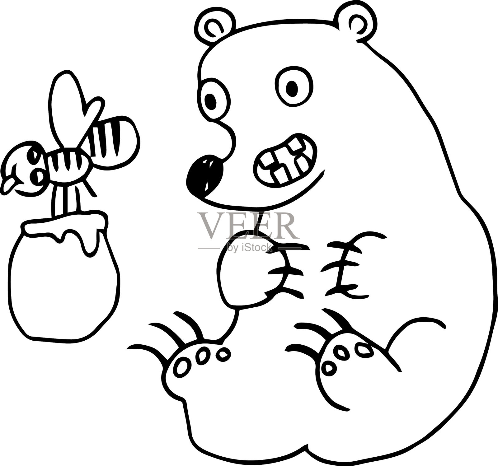 一只惊讶的熊张着嘴坐着,看着一只舌头伸出来、嘴里叼着蜂蜜罐的蜜蜂飞离它。插画图片素材