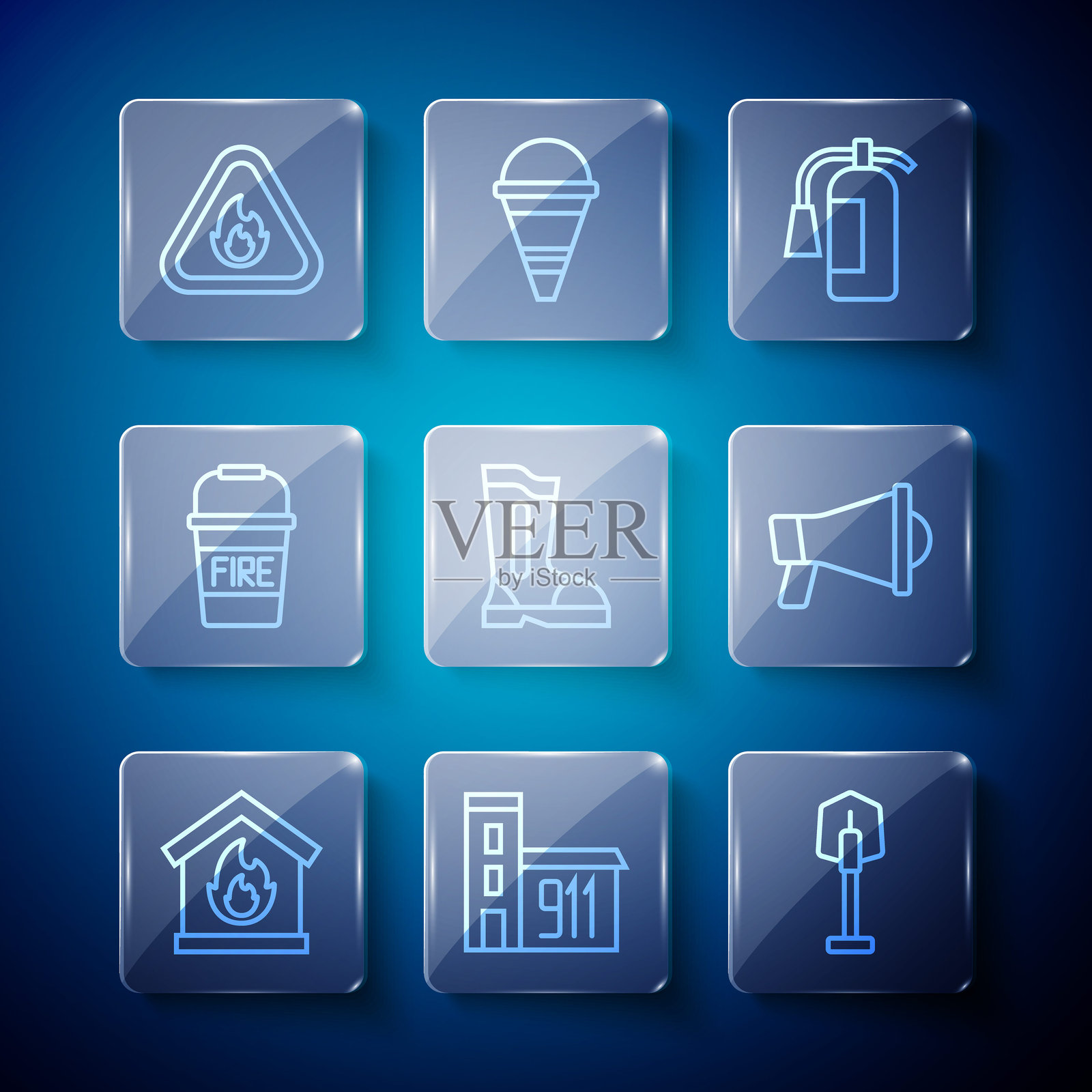 在燃烧的房屋中设置火线,消防站建筑,铲子,灭火器,靴子,水桶,火焰三角形和扩音器图标。矢量图。插画图片素材