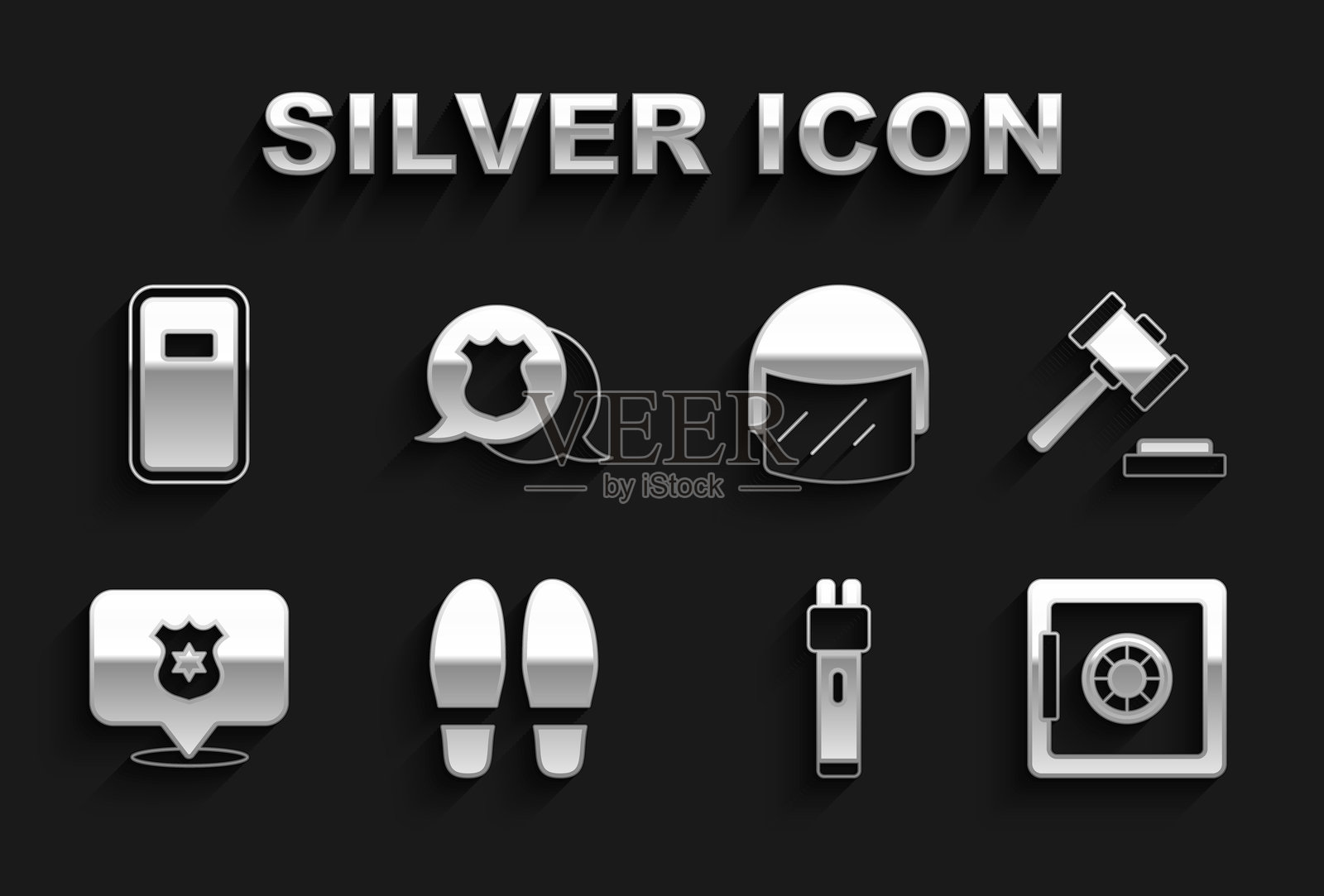 脚印、法官槌、安全、警用电击器、徽章、头盔、攻击盾牌和图标。矢量图插画图片素材