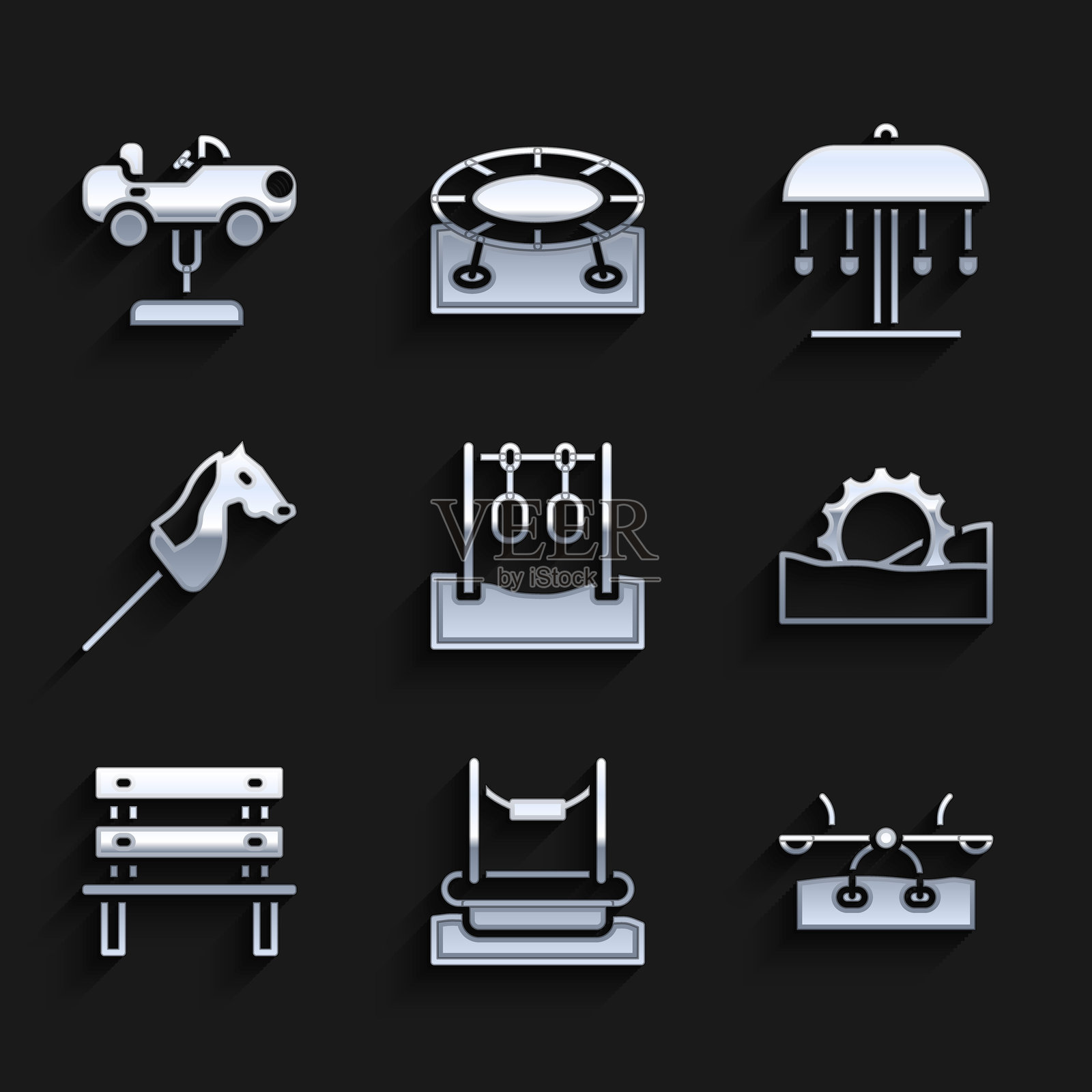 健身环、蹦床、跷跷板、摩天轮、长椅、玩具马、游乐场旋转木马和秋千图标。矢量图。插画图片素材