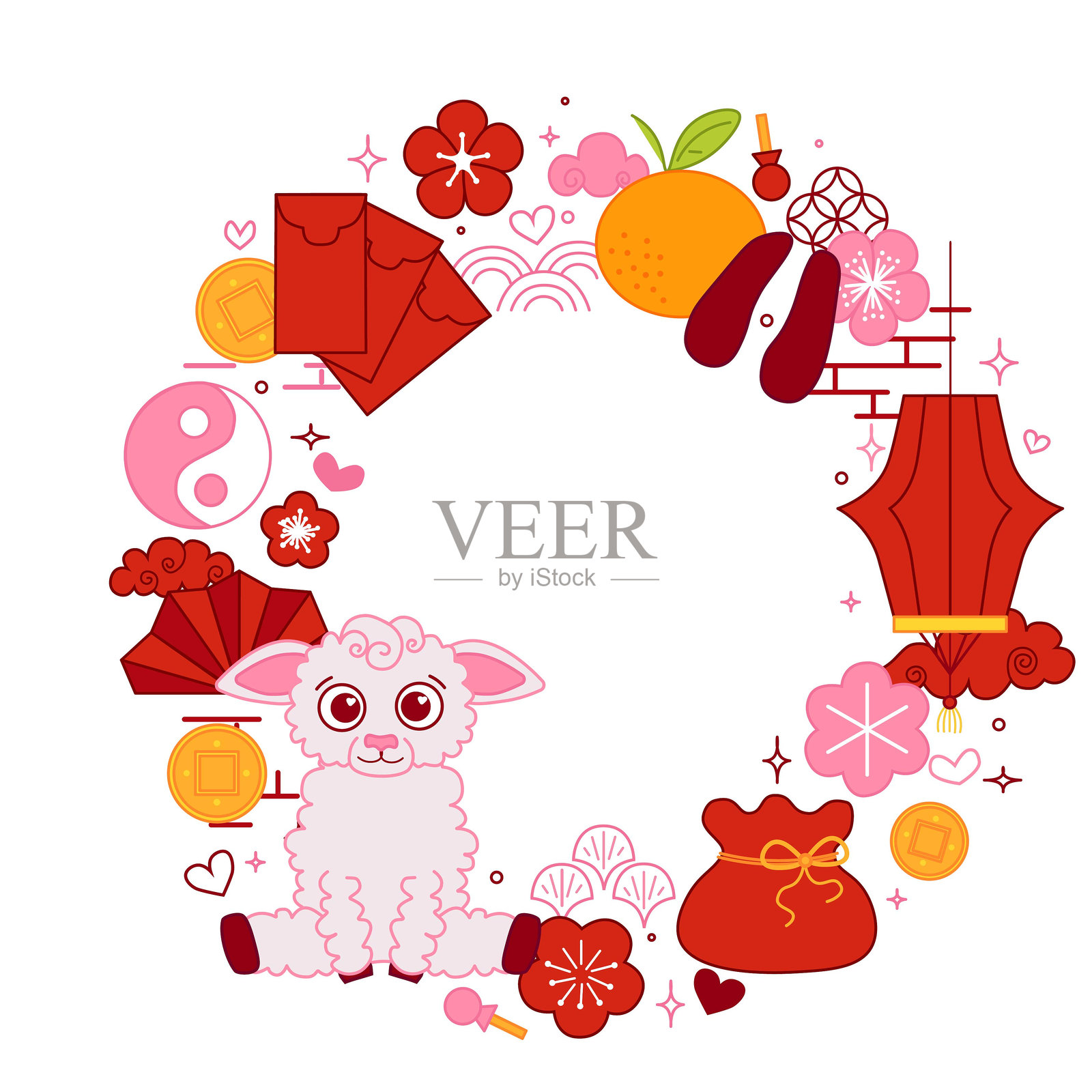 传统中国新年元素圆形框架,孤立。图形线条矢量插图。2027年羊年农历新年装饰横幅。中国新年元素套件。插画图片素材