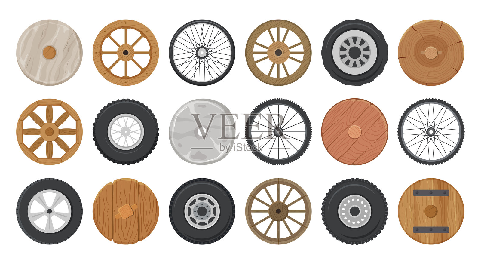 轮子。最近的交通工具卡通轮子的矢量集合。插画图片素材