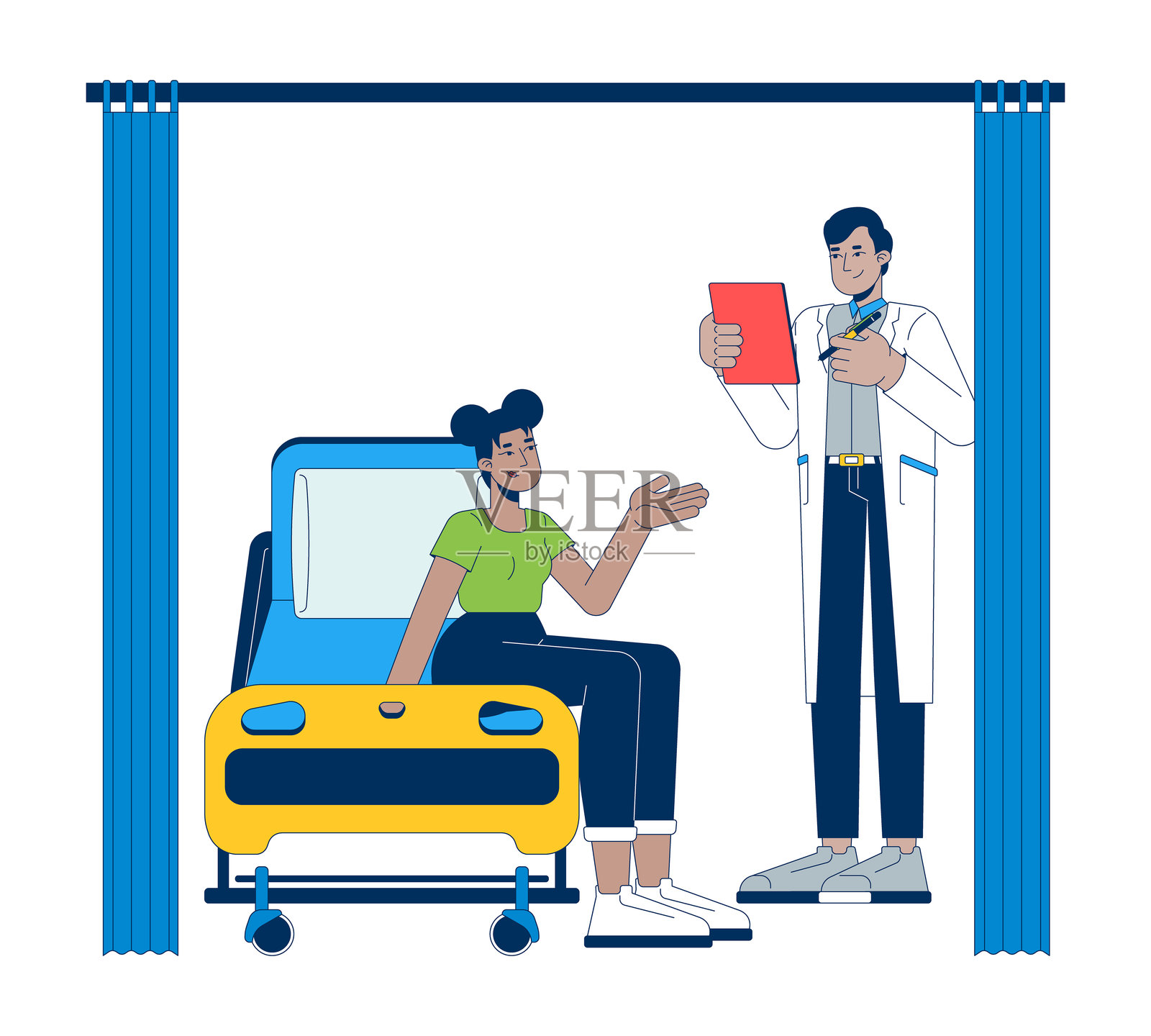 男性医生与女性病人在医院床上咨询的2D卡通人物插画图片素材