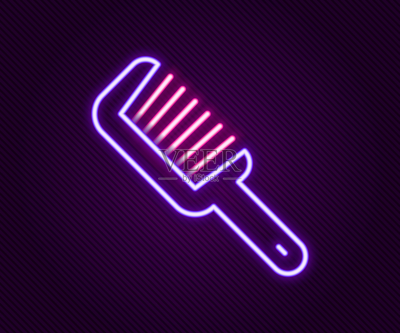 发光的霓虹线发刷图标,背景为黑色。梳理头发的标志。理发师符号。彩色轮廓概念。矢量图。插画图片素材