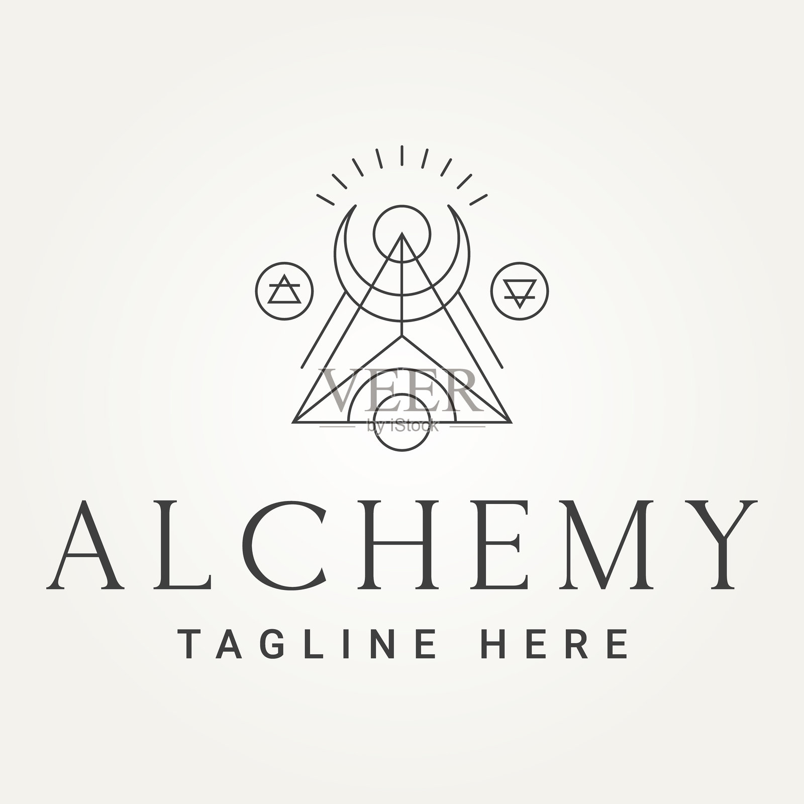 极简主义炼金术线条艺术图标标志模板矢量插图设计。简单的金字塔神圣几何符号标志概念插画图片素材