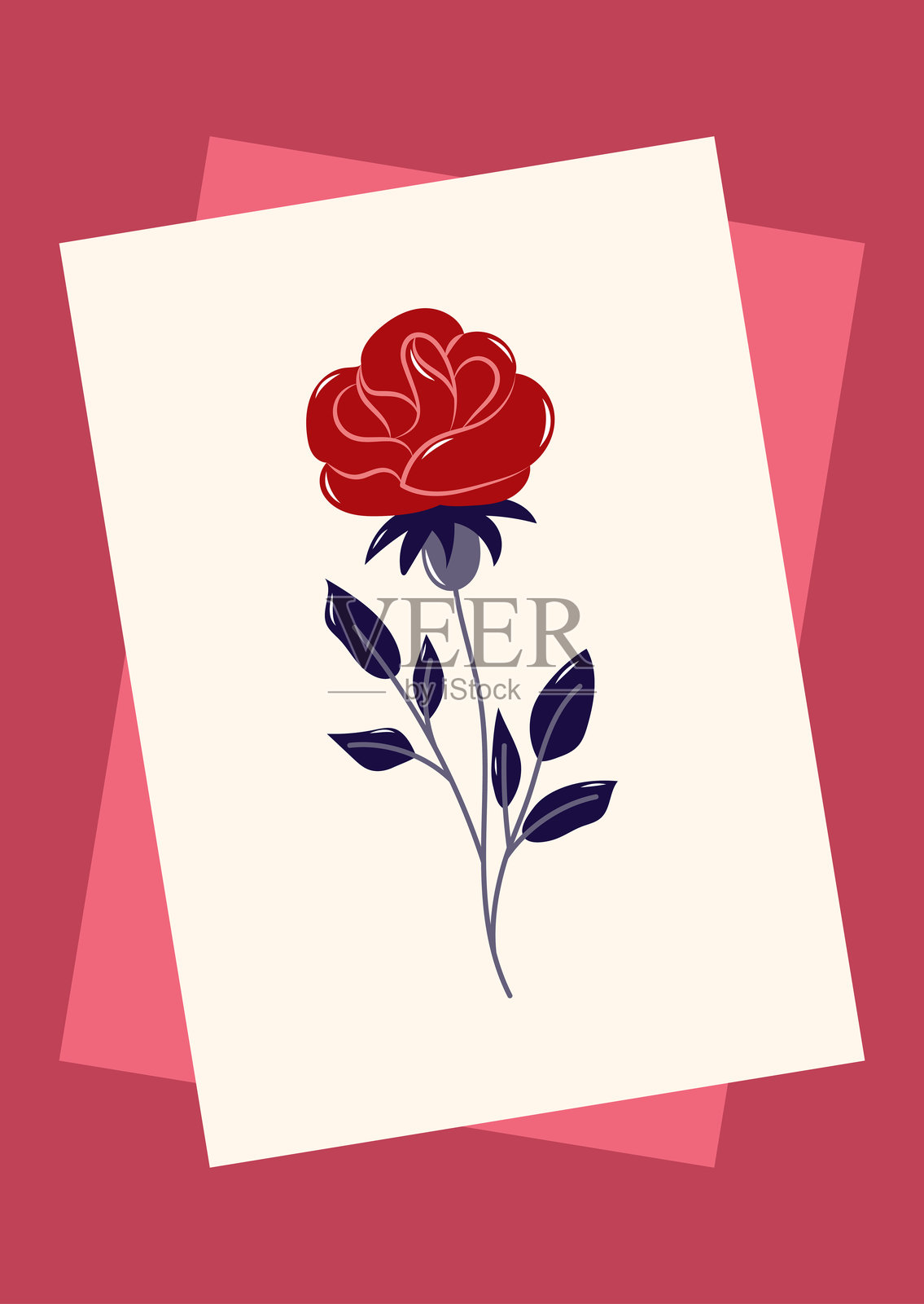 带有红玫瑰的情人节贺卡,简单可爱的问候卡片,矢量插图。插画图片素材