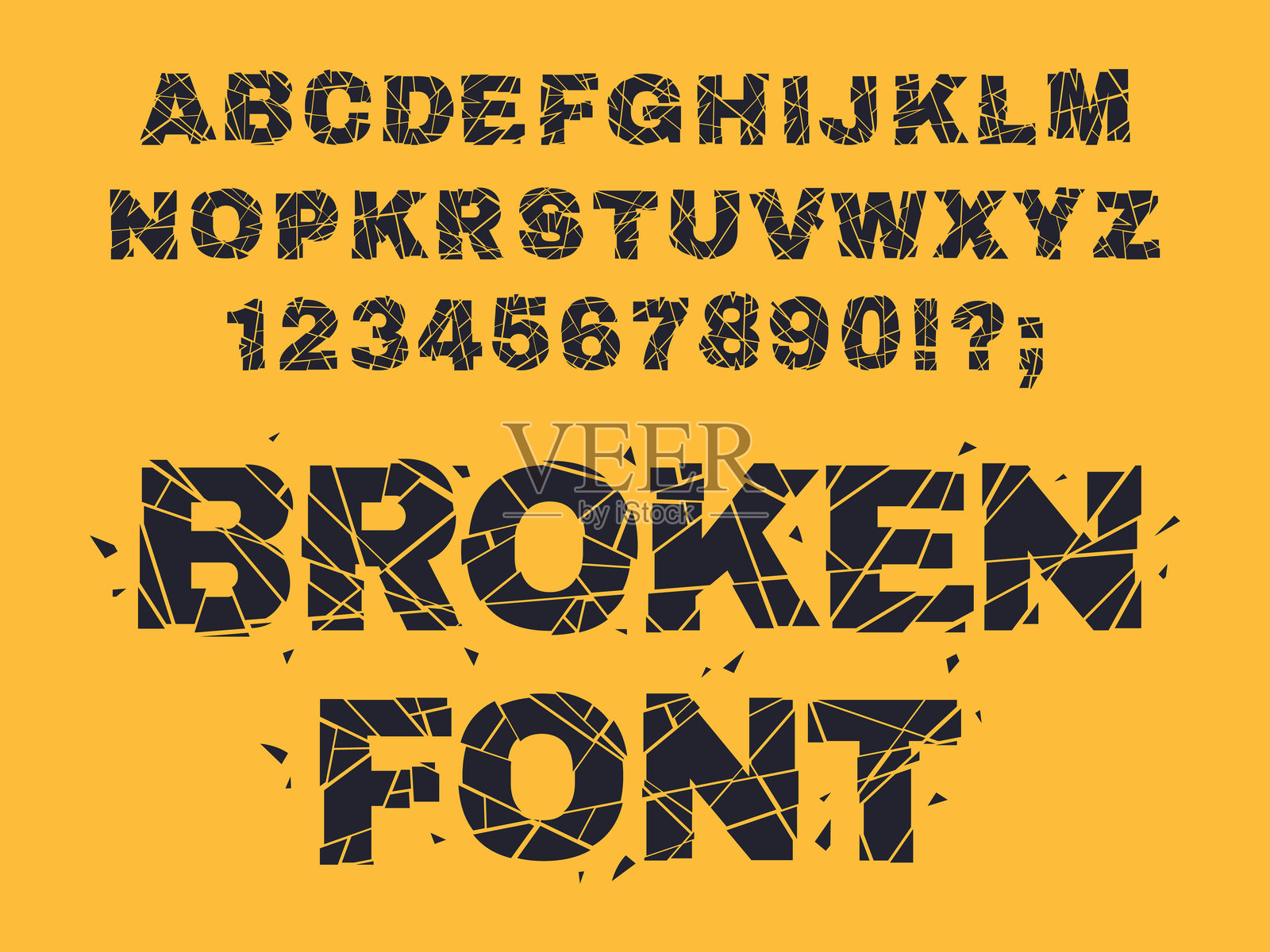 故障破损字体。破碎的字母和数字,裂开的玻璃字母平面矢量插图集。压碎的破碎玻璃字母。插画图片素材