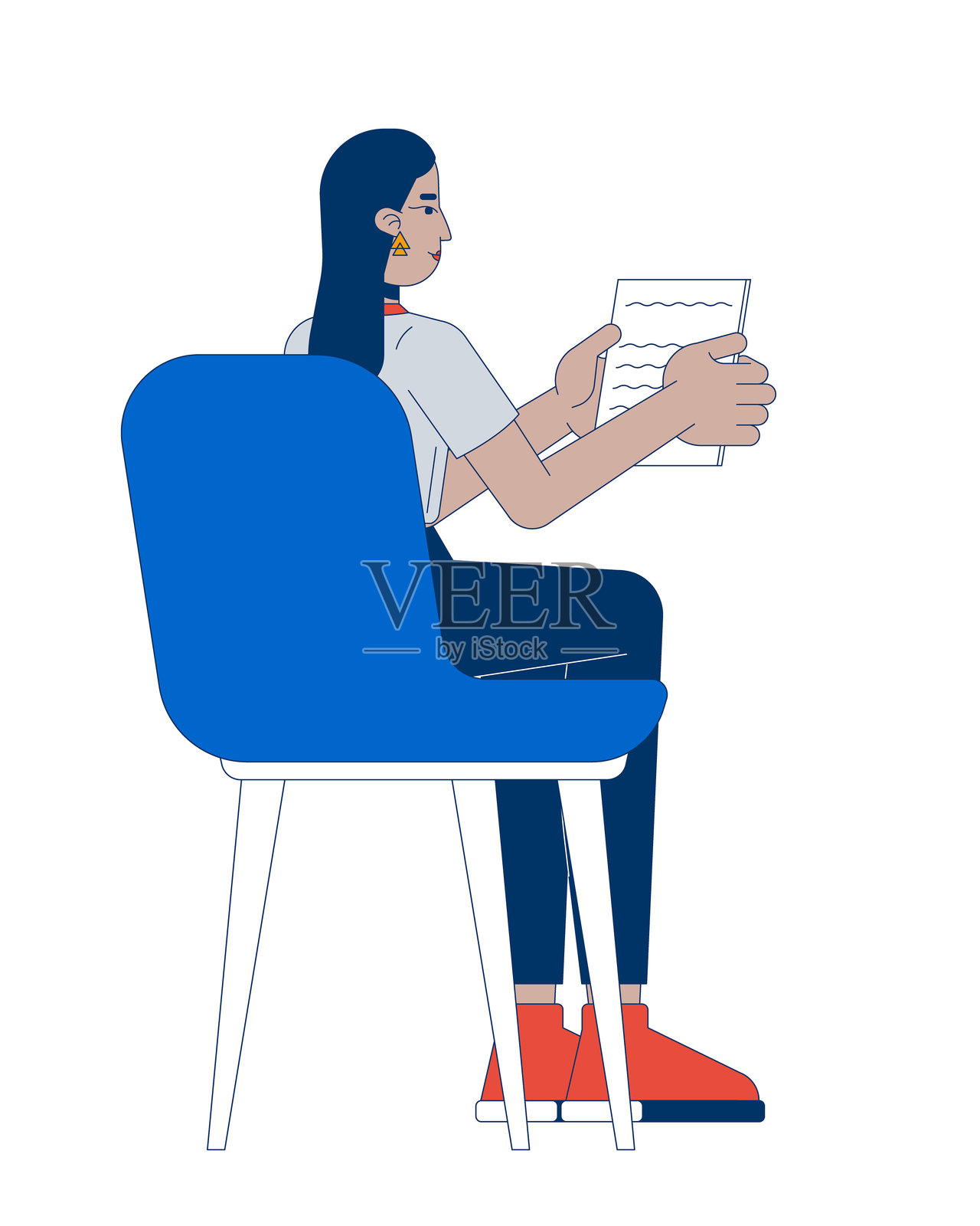 坐着的中东女性员工手持笔记的二维卡通角色插画图片素材