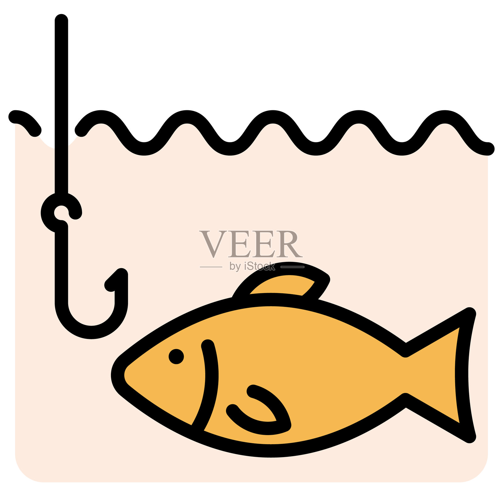 钓鱼线图标。水中鱼和钩子的轮廓矢量标志。线性风格图标。符号,logo插图。可编辑的线条。插画图片素材